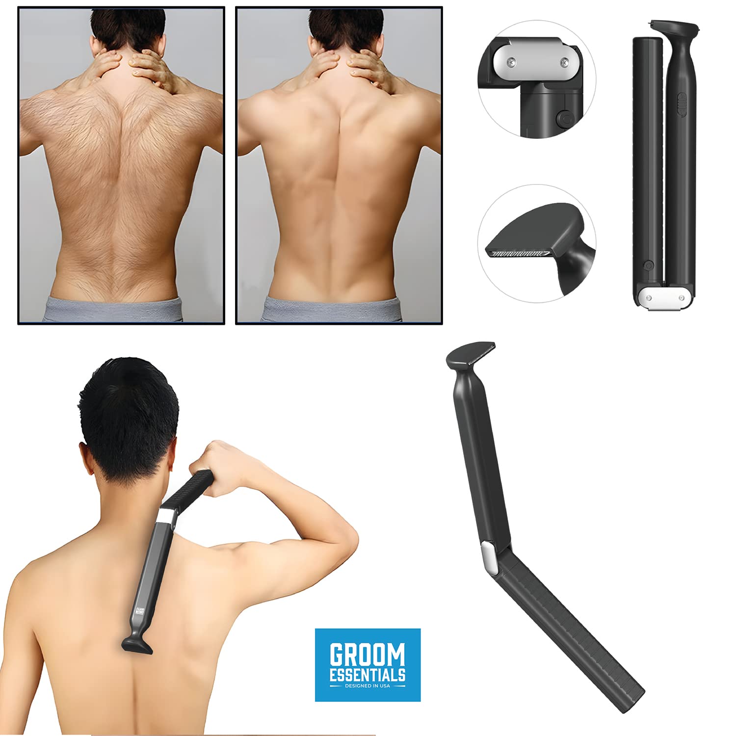Cordless Back Shavers for Men - Battery Operated Hair & Body Trimmer with Extendable Foldable Arm | Electric Razor for Hard-to-Reach Areas | Perfect for Back, Shoulder & Body Grooming at Home or Travel