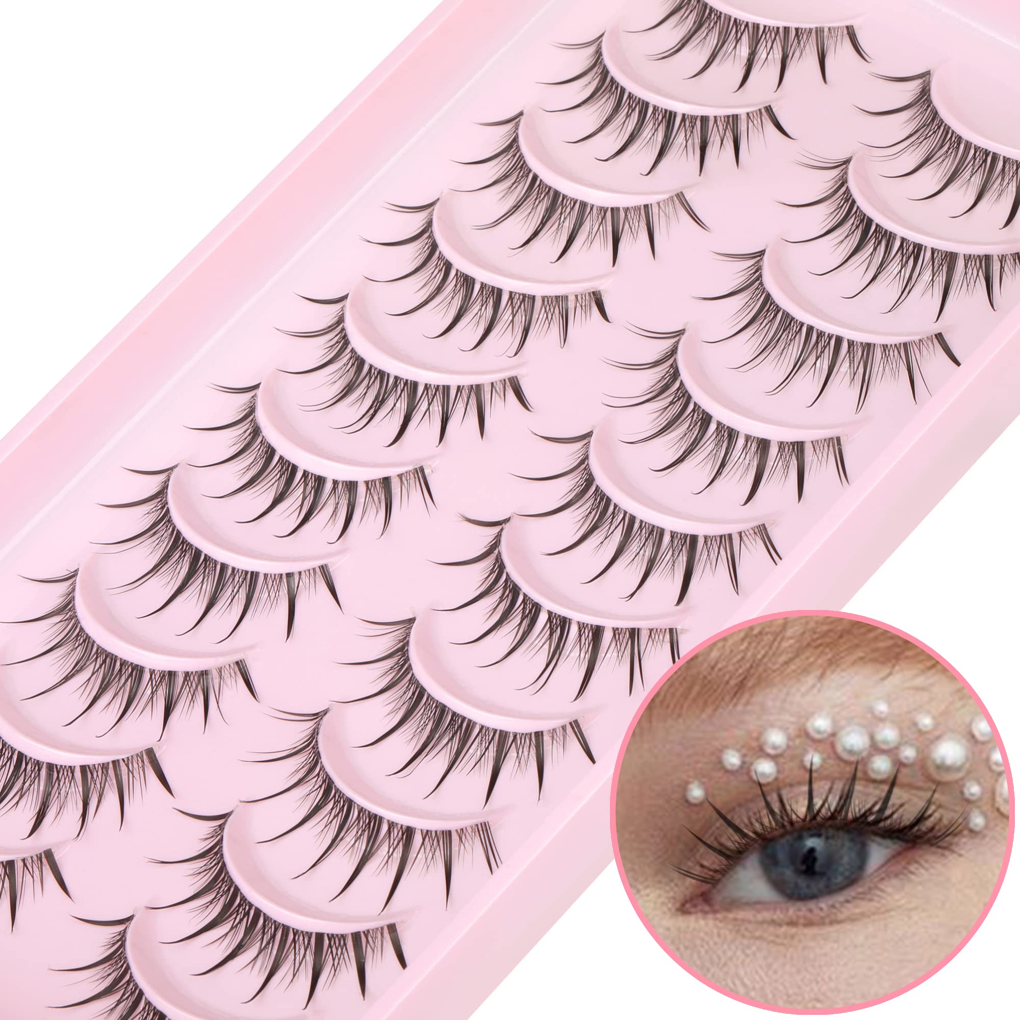 Natural Look 3D Short Faux Mink Anime False Eyelashes - Wispy Spiky Individual Lash Clusters for Korean Makeup | Kawaii Manhua Manga Style | Clear Band Comfortable Wear | Perfect for Cosplay, Daily Wear and Special Occasions