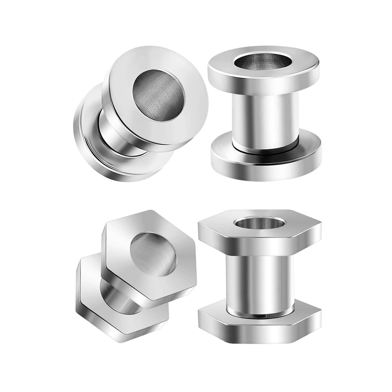 2 Pairs 316L Surgical Steel Ear Plugs - Hexagon Tunnel Lobe Earrings for Stretching - Hypoallergenic Body Jewelry for Men & Women - Perfect for Daily Wear, Parties and Alternative Fashion
