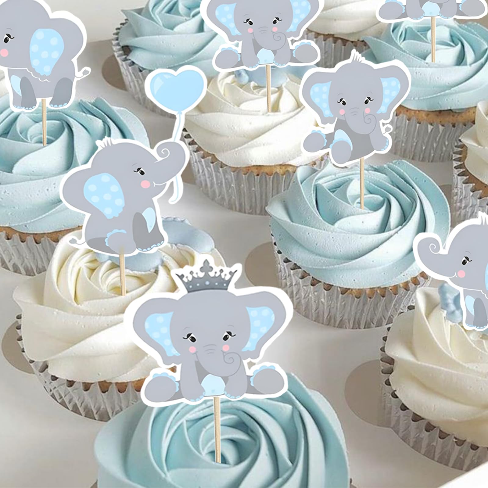 48Pcs Blue Elephant Cupcake Toppers for Baby Shower & Birthday Party Decorations - Double Sided Boy Baby Shower Supplies - Perfect for Baby Boy Theme Parties, Gender Reveals & 1st Birthday Celebrations