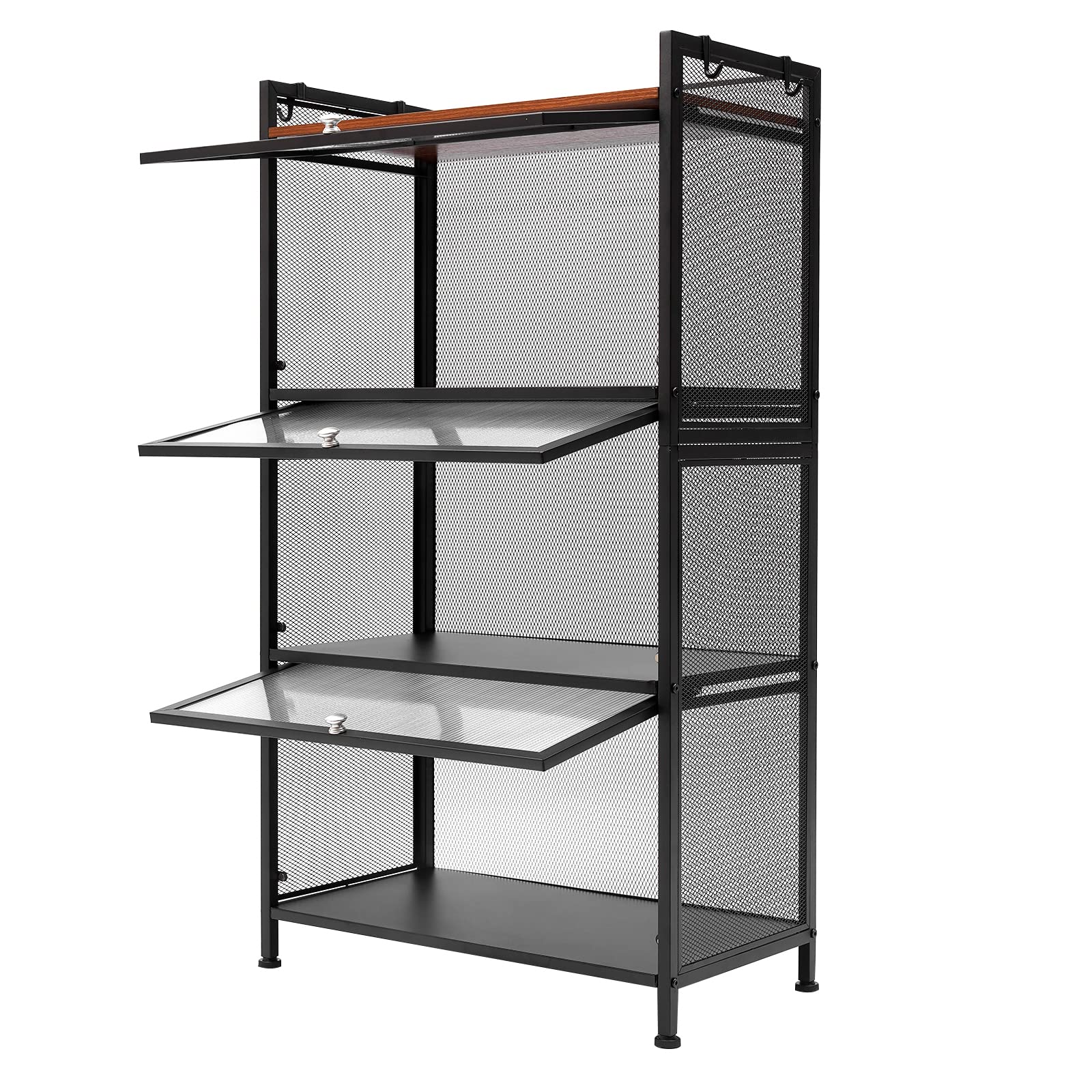 4-Tier Black Kitchen Storage Rack with Hooks - Bread Rack, Coffee Station & Microwave Organizer for Dishes, Pots & Pans - Stylish 43