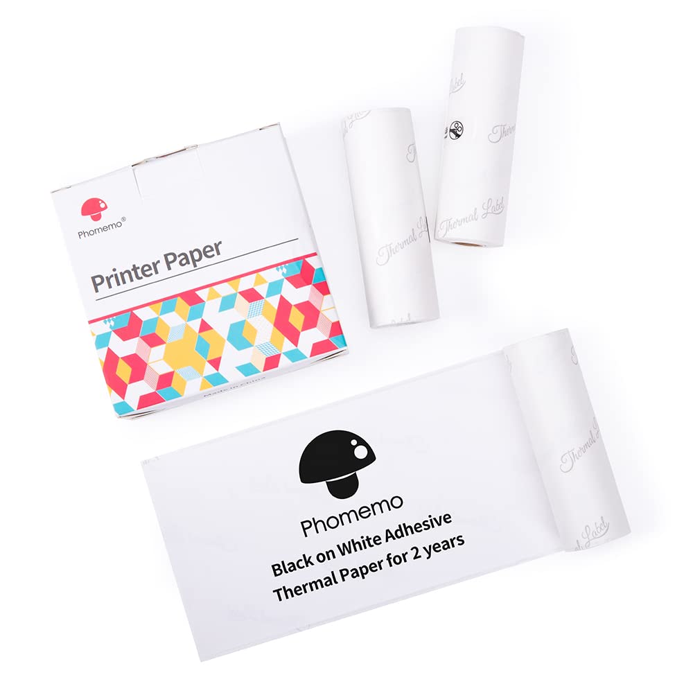 Phomemo White Adhesive Thermal Sticker Paper - 3 Rolls (77mm) for Phomemo M03/M03AS/M04S/M04AS Printers - Black Text - Perfect for Notes, Lists, Labels & DIY Stickers - Home, Office & School Organization