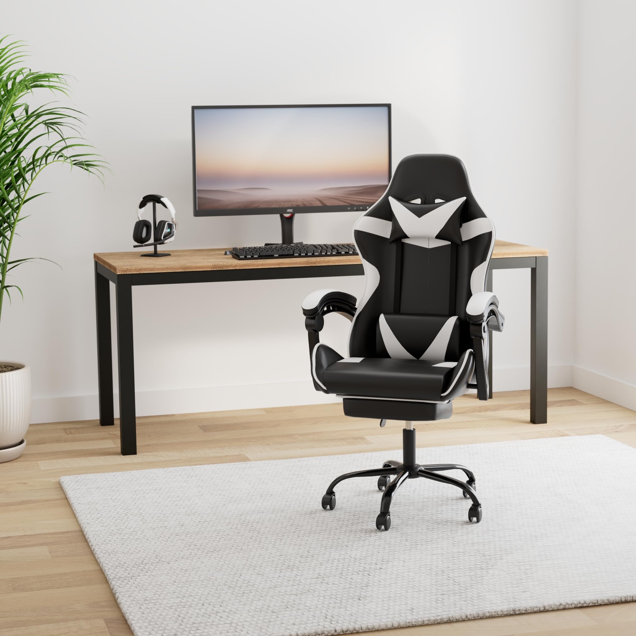 **YSSOA Ergonomic Gaming Chair with Adjustable Footrest, Height & 90°-135° Recline - Racing Style Computer Chair for Office & Home, Lumbar Support, Swivel Base (Black/White) - Perfect for Long Gaming Sessions & Work from Home**