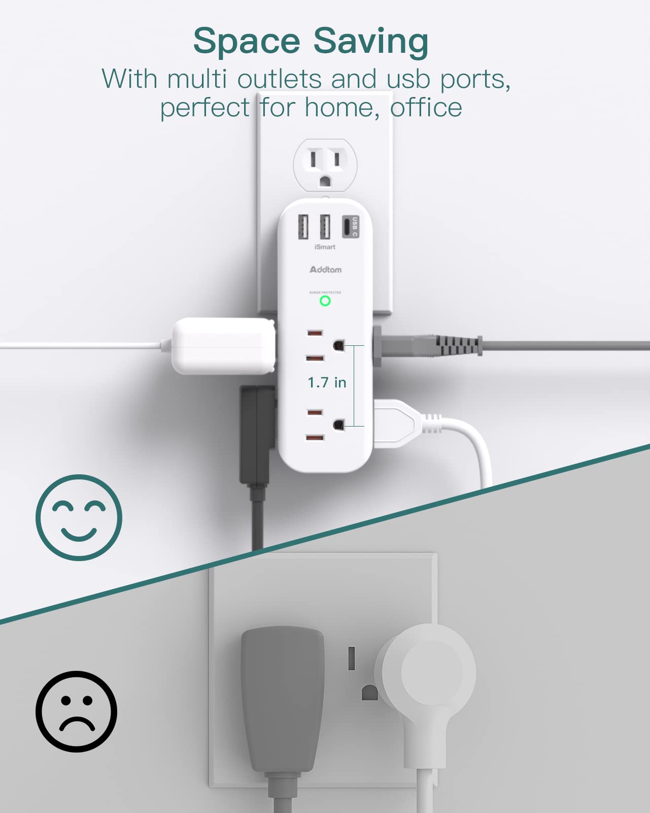 6-Outlet Surge Protector with 3 USB Ports (1 USB-C) - 1800J Rotating Power Strip, Multi Plug Wall Adapter for Home, Office & Travel - ETL Certified for Safety | Perfect for Charging Laptops, Phones & Home Electronics