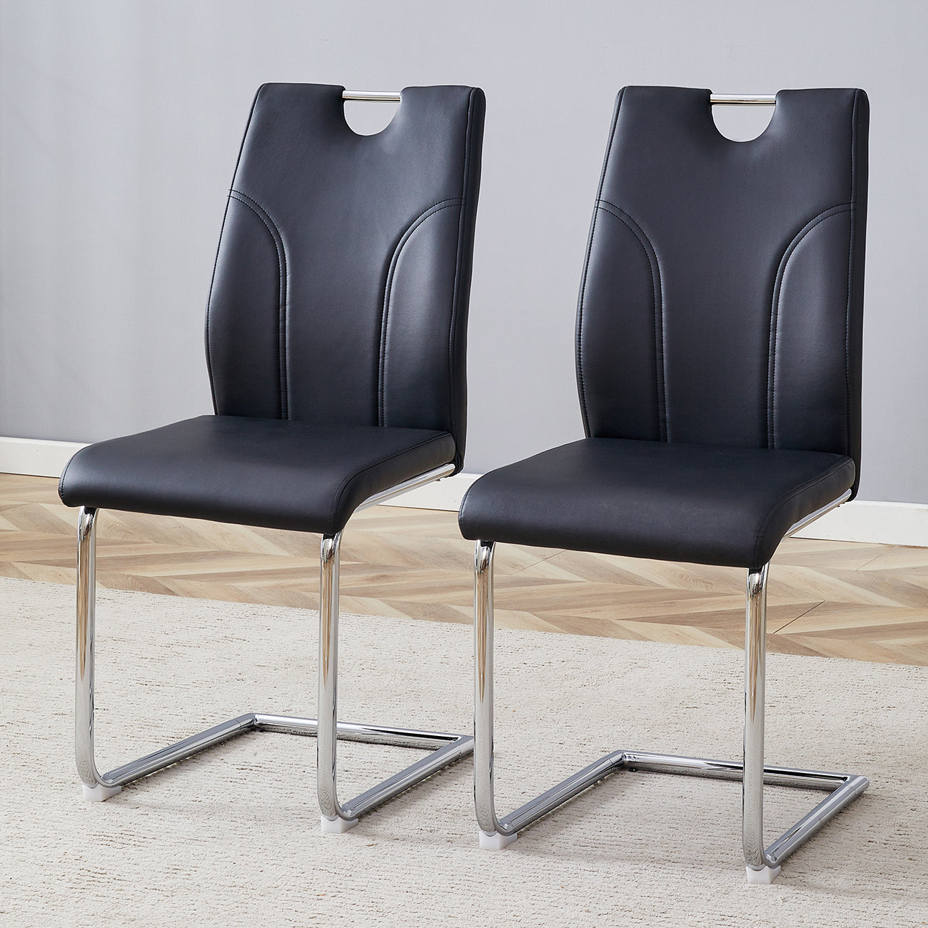 Modern Black PU Leather Dining Chairs Set of 2 - Waterproof & Stain-Resistant with Silver Metal Legs - Elegant Office, Restaurant, Kitchen & Conference Room Seating - Perfect for Home Dining & Commercial Spaces