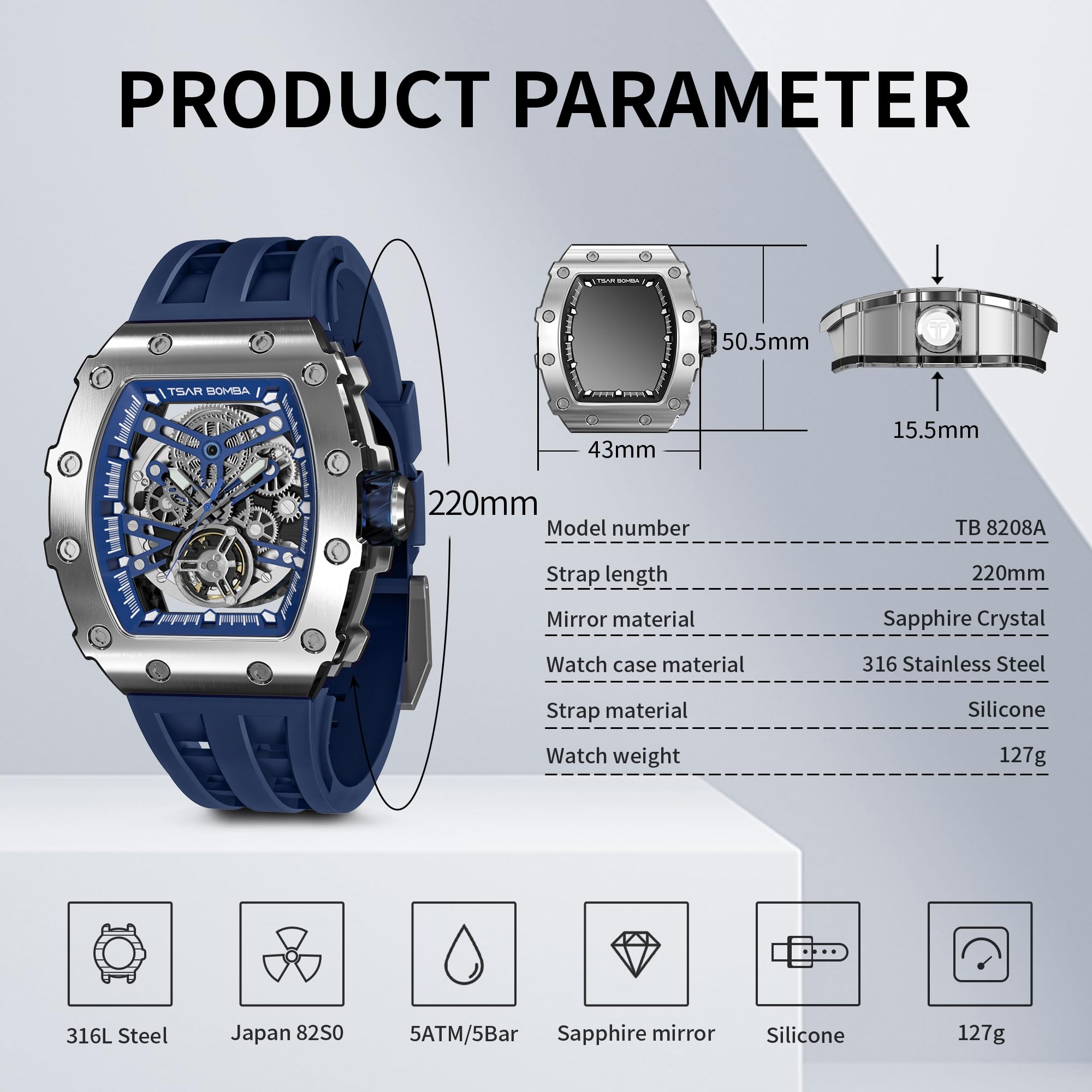 TSAR BOMBA Men's Luxury Automatic Watch - Japanese Mechanical Movement, 50M Waterproof, Stainless Steel Case & Sapphire Glass - Unique Big Face Tonneau Design - Perfect for Business, Formal Events & Fashion Gifts for Men