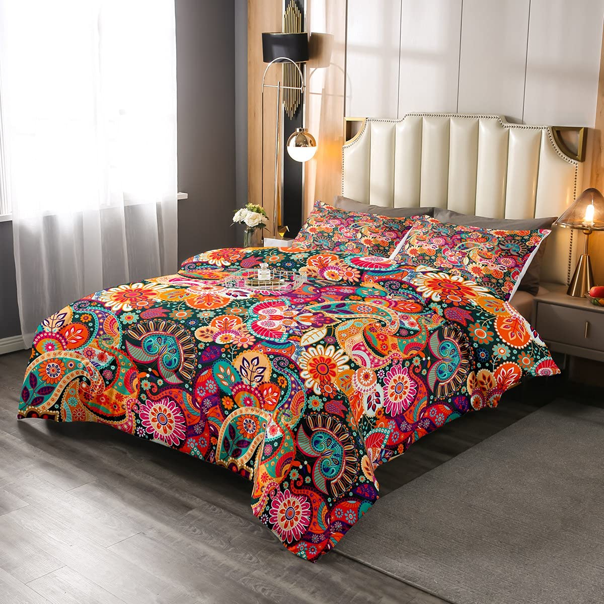 Bohemian Paisley Comforter Set - Twin Size Floral Duvet Cover with Pillowcase | Red Farmhouse Style All-Season Down Alternative Bedding for Girls, Women & Adults | Perfect for Guest Rooms, Dorm Decor & Cozy Bedroom Makeovers