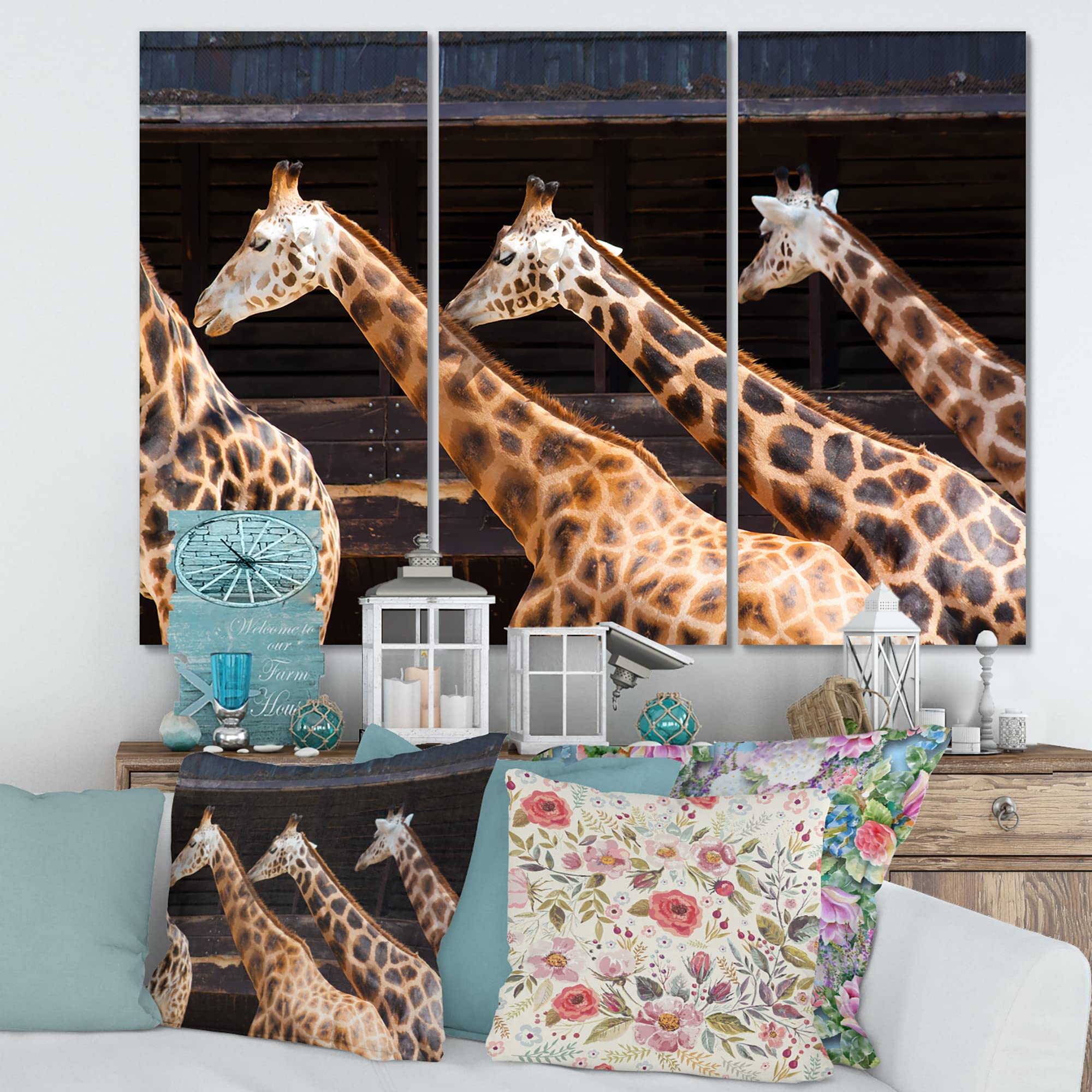 Three Giraffes Running Farmhouse Wall Art - Hand Painted Canvas Painting for Living Room, Bedroom Decor - Perfect for Rustic, Country Style Home Interior Design