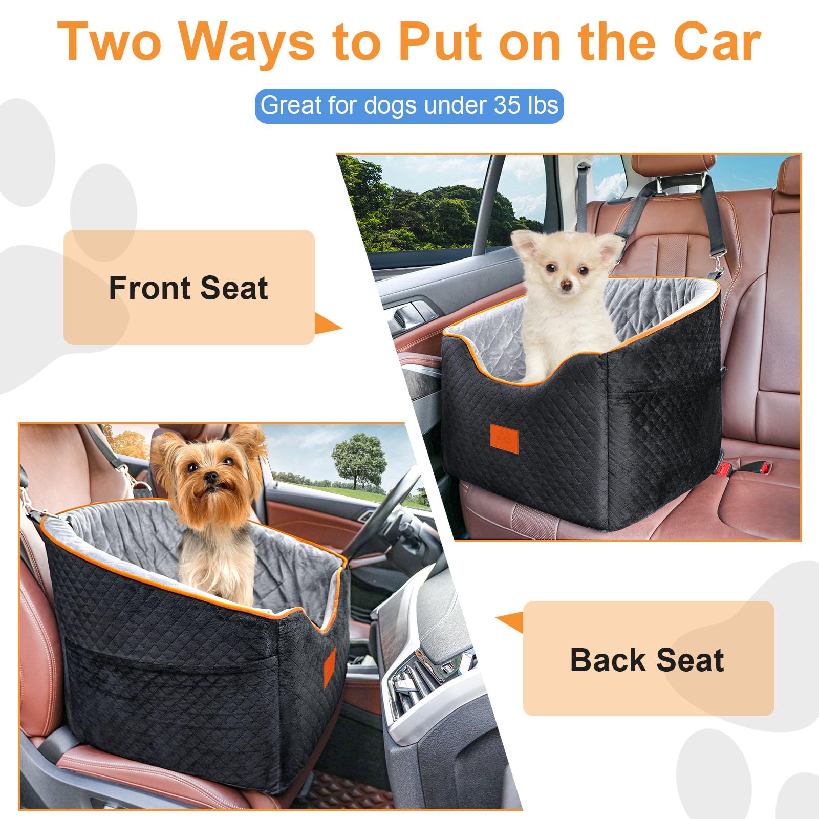 **Memory Foam Dog Car Seat for Small Dogs up to 35 lbs - Washable & Removable Cover with Storage Pockets (Black/Gray) - Perfect for Road Trips, Vet Visits & Daily Commutes**