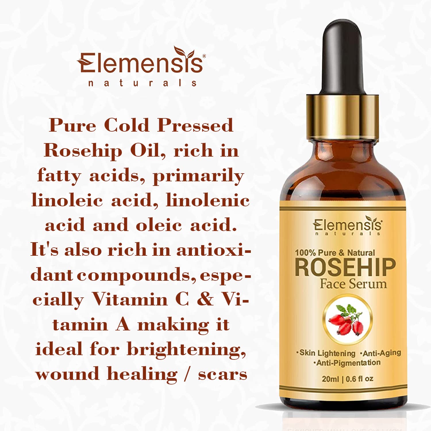 Elemensis Naturals Organic Rosehip Oil for Face - Anti-Aging Serum for Glowing & Brightening Skin, 20ml - Perfect for Night Routine & Dry Skin Care