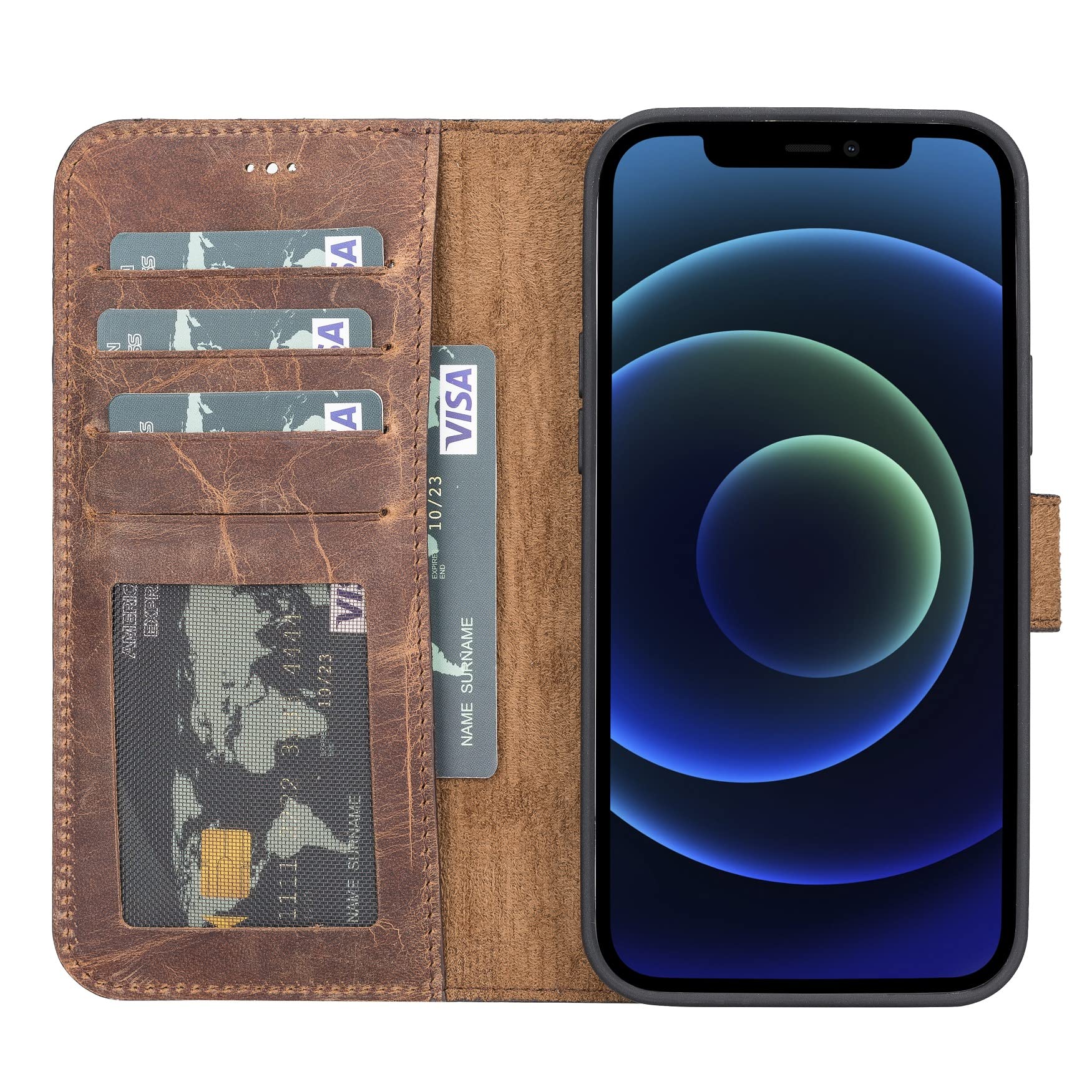 Vintage Brown Genuine Leather iPhone 14 Pro MAX Wallet Case with 4 Card Slots & Kickstand - RFID Protected, Wireless Charging Compatible - Handmade for Men & Women (Also Fits iPhone 14/13/12) - Perfect for Daily Commute, Business Meetings & Travel