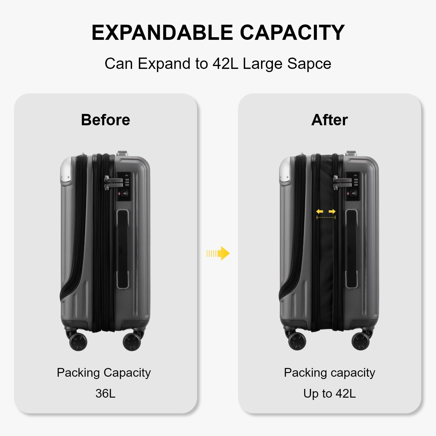 LEVEL8 Grace 20 Inch Expandable Hardside Carry On Luggage - TSA Lock, 360° Spinner Wheels, ABS+PC Durable Shell, Lightweight Suitcase for Travel (Grey) | Perfect for Business Trips, Weekend Getaways & Airplane Cabin Storage