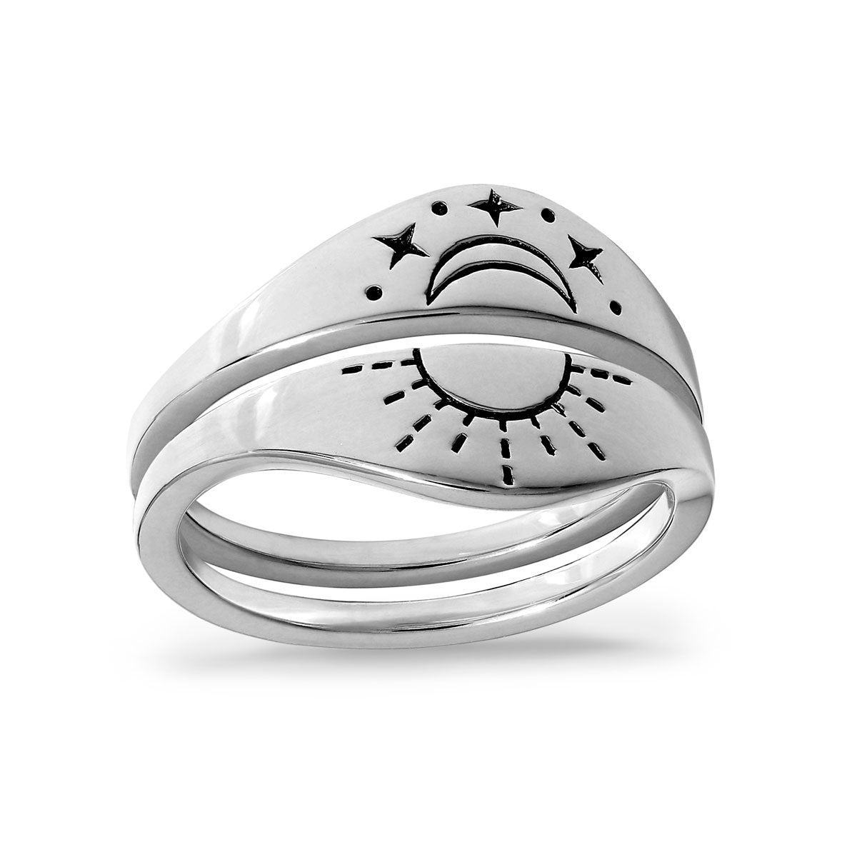 Celestial Duality Curved Ring Set - Elegant Stackable Rings for Women, 925 Sterling Silver Boho Jewelry for Everyday Wear, Gift for Her | Perfect for Layering, Date Nights & Special Occasions