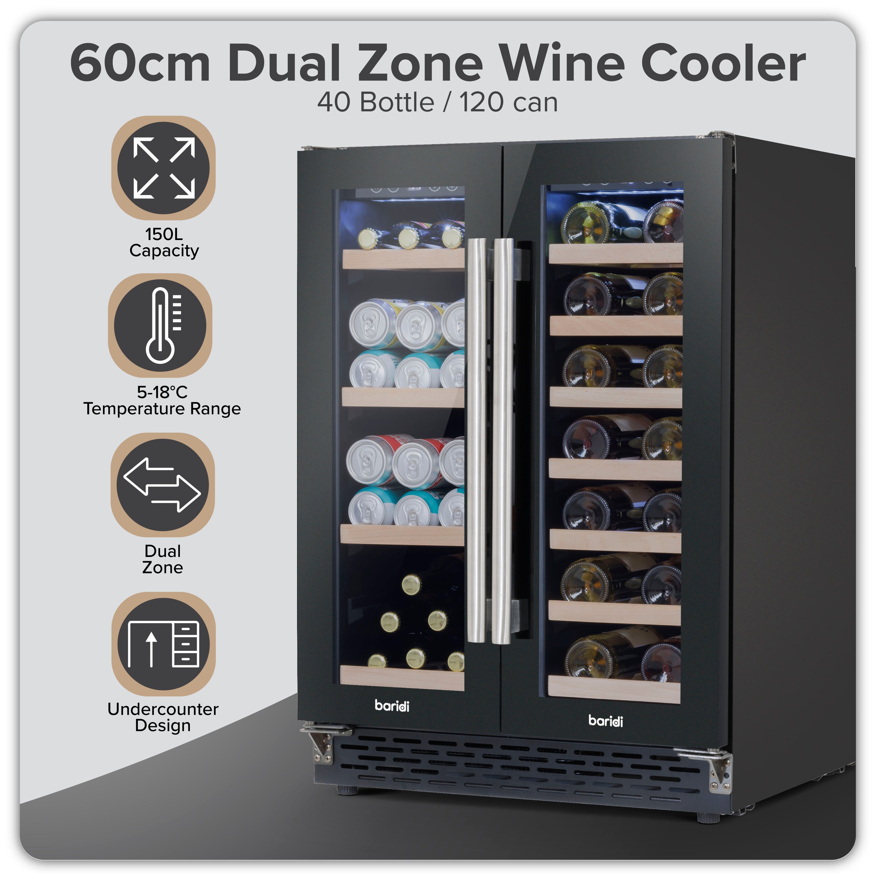 Baridi 40 Bottle Dual Zone Wine Cooler & Beverage Refrigerator - Freestanding or Under Counter for 120 Cans - Perfect for Home Bars, Kitchens & Entertaining Spaces