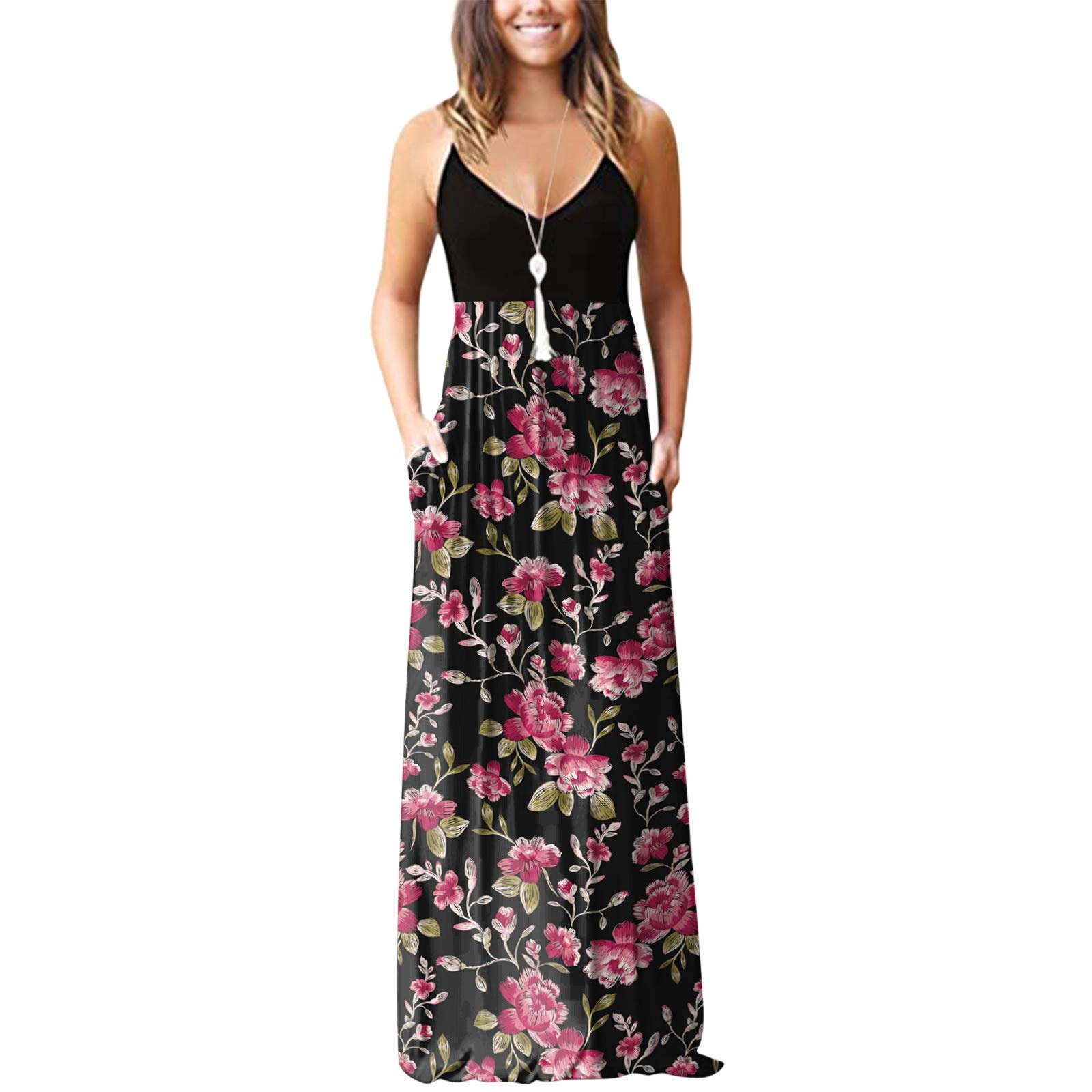 Kaideny Women's Summer Maxi Dress - V Neck Sleeveless Floral Print Long Dress with Pockets in Pink | Beach Wedding, Vacation & Casual Wear