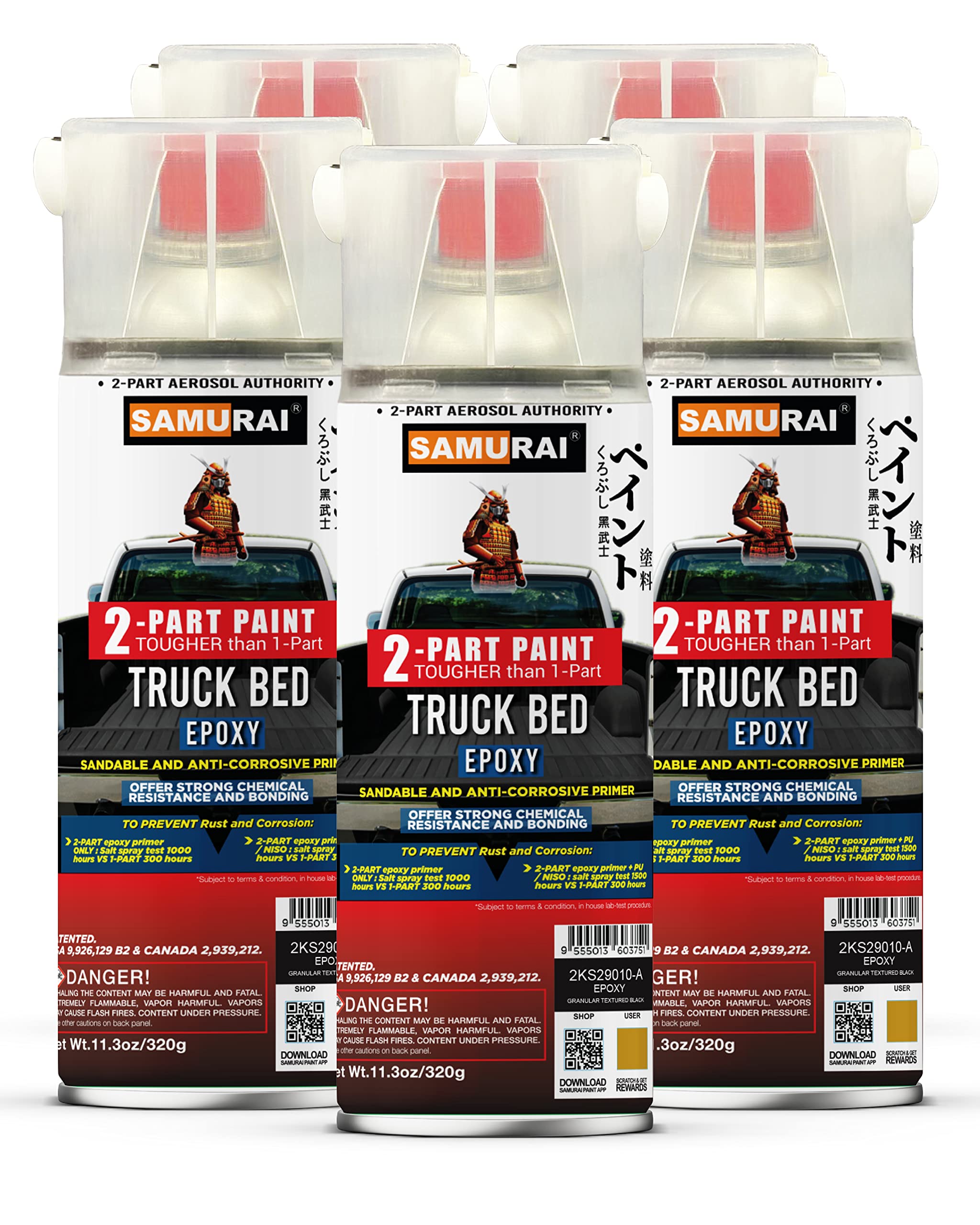 Samurai Epoxy Primer Spray Paint for Truck Bed Liner - Professional Granular Textured Primer White (5 Cans) - Durable Protection for Car & Truck Repair, DIY Projects & Vehicle Maintenance