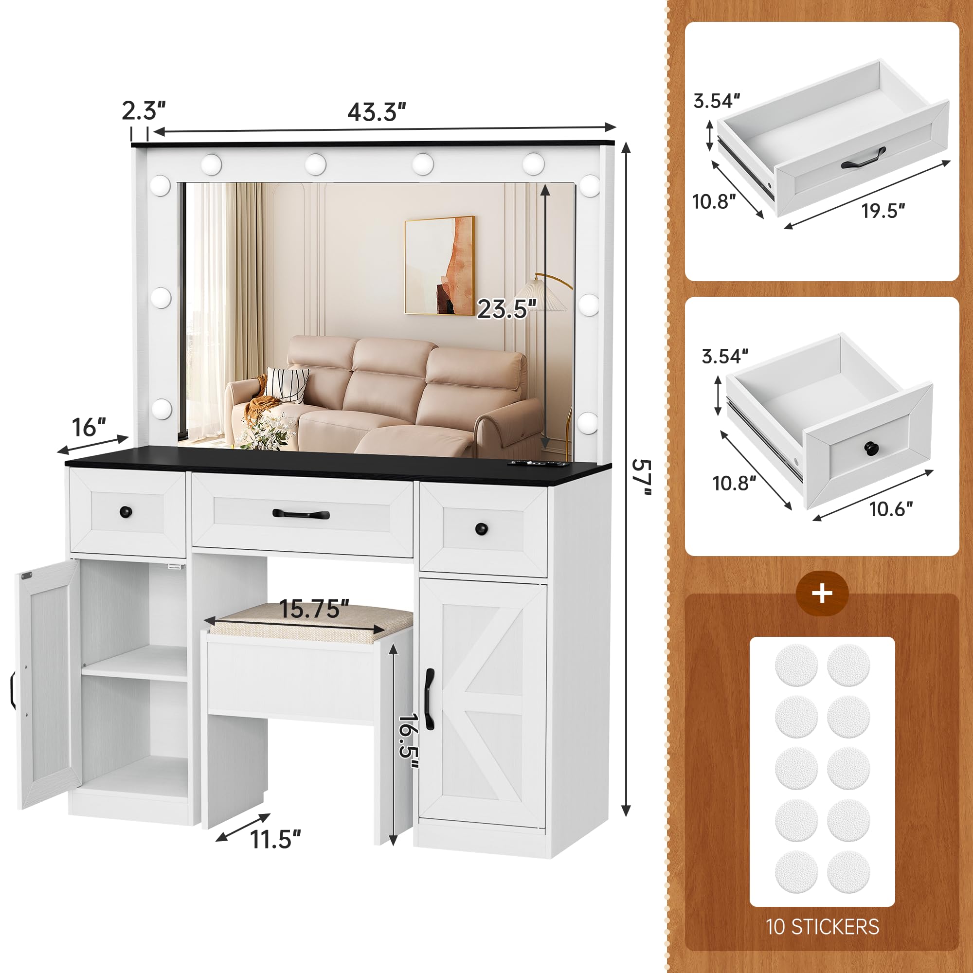 Greenvelly Farmhouse Vanity Set with Lights - White Vanity Desk with Mirror, 3 Lighting Modes, Drawers & Matching Chair - Dressing Table for Women & Girls | Perfect for Bedroom, Makeup Room & Home Decor