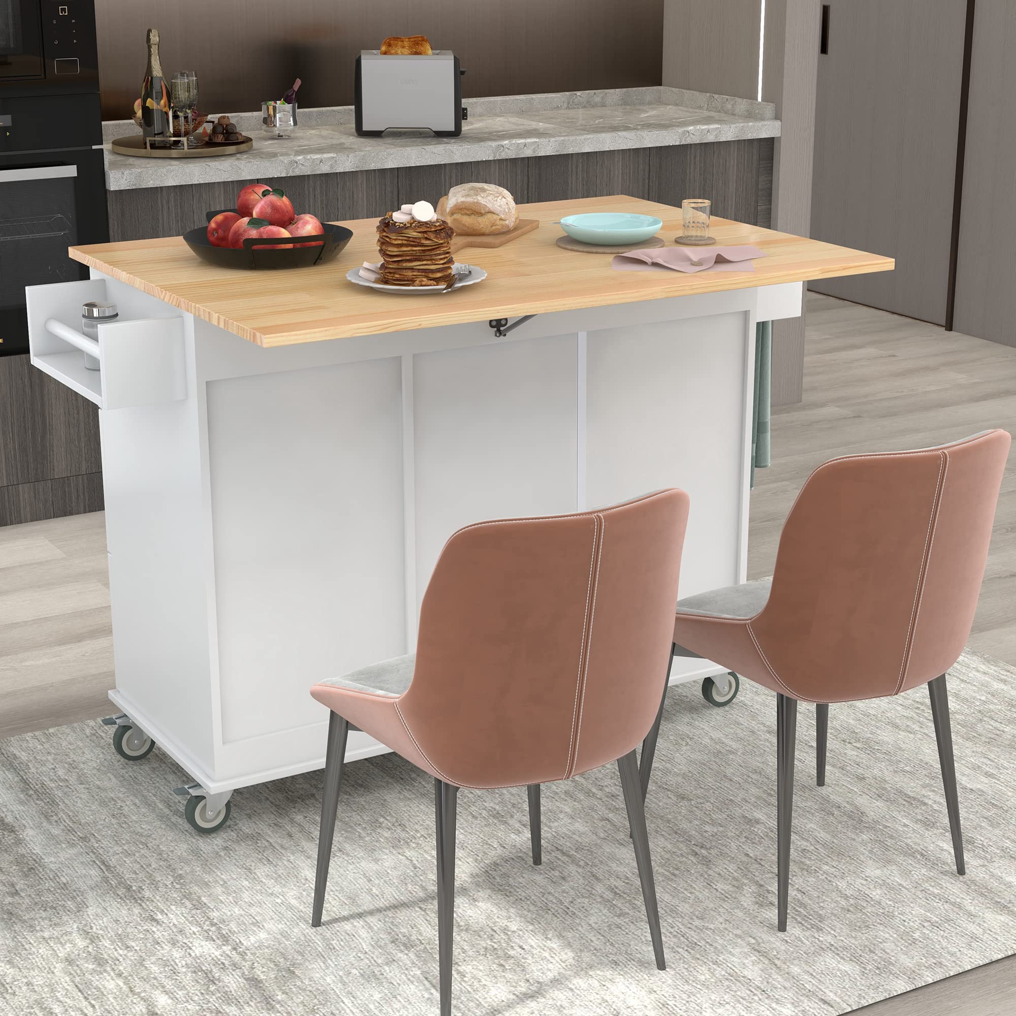 HABITRIO White Kitchen Island Cart with Extendable Solid Wood Table Top - Multi-Functional Counter Height Kitchen Cart with Storage Cabinet, Drawers, Spice Rack & Towel Rack - Perfect for Small Kitchen, Dining Room or Breakfast Nook