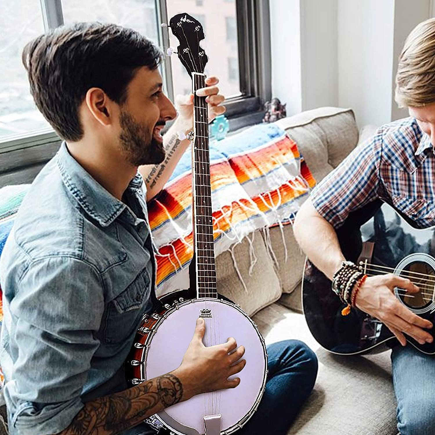 ADM 5-String Full Size Banjo Kit for Beginners - 38 Inch Resonator Banjo with Remo Drum Head, Open/Closed Back Options, Free Lessons & Starter Accessories - Perfect Gift for Adults & Teens (Brown) - Ideal for Bluegrass, Folk Music & Country Performances