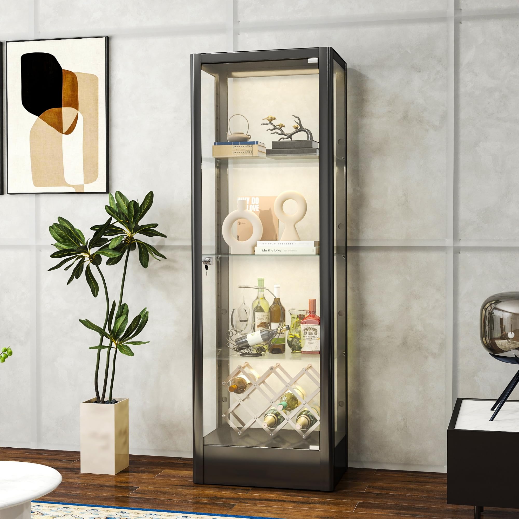 Modern Glass Display Cabinet with Adjustable 4 Shelves & Secure Lock - Black Curio Cabinet for Books, Toys & Collectibles (63