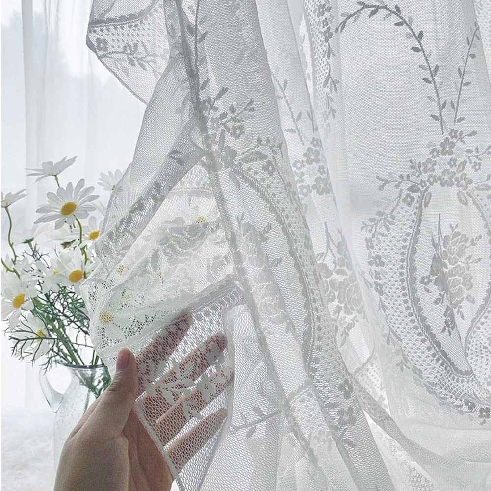 French Romance Lace Curtains with Ruffles - Modern Rococo Floral Pattern Mesh Tulle Drapery Panel with Rod Pocket - White Window Treatment (118x102 inches) - Perfect for Living Room, Bedroom & Wedding Decor