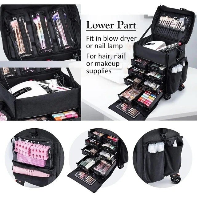 4 Lockable 360° Rolling Casters Professional Makeup Train Case - Portable Beauty Trolley for Hairstylists, Nail Technicians & Cosmetologists | Perfect for Salon, Spa & Mobile Beauty Services