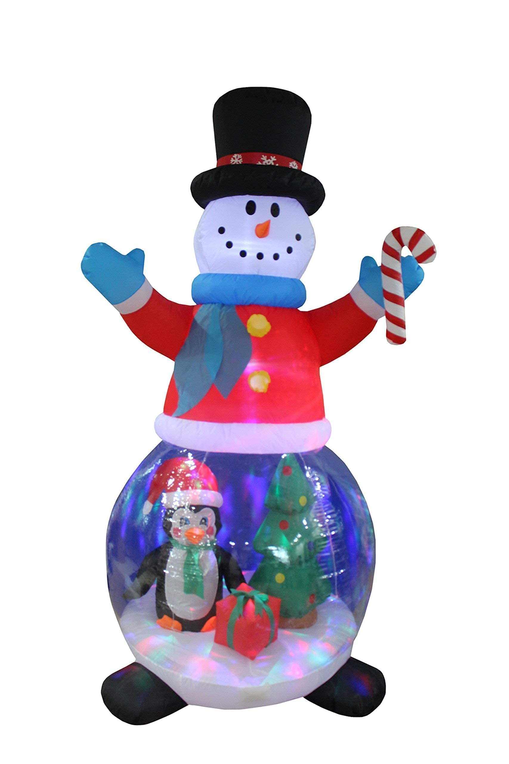 8ft Inflatable Snowman Globe with Penguin & Tree + 5ft Snowman Campfire Blowup with Lights - Christmas Party Decorations Bundle for Outdoor Yard & Indoor Holiday Decor