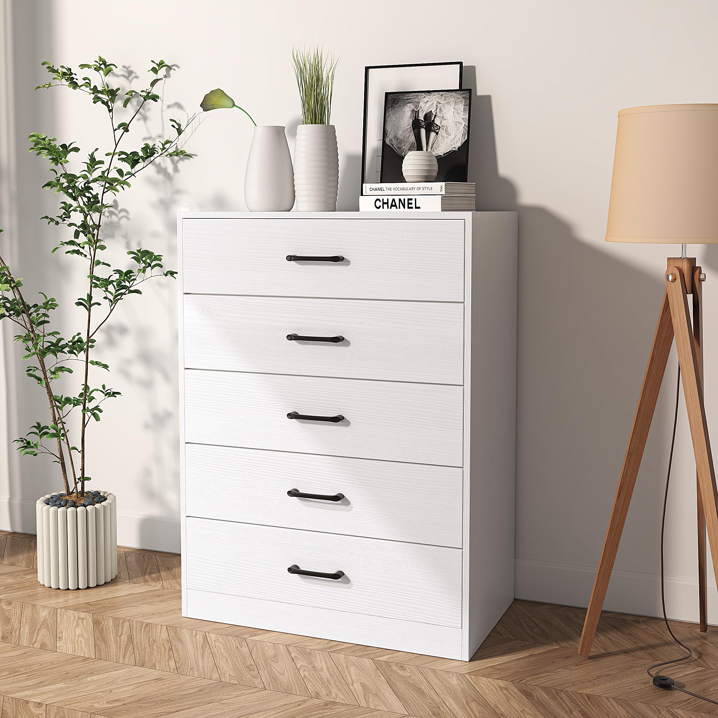 Modern Simple 5-Drawer Wood Nursery Dresser with Wide Table Top - Spacious Storage Organizer for Baby Clothes, Toys & Essentials - Perfect for Nursery, Bedroom, Living Room & Family Room - White