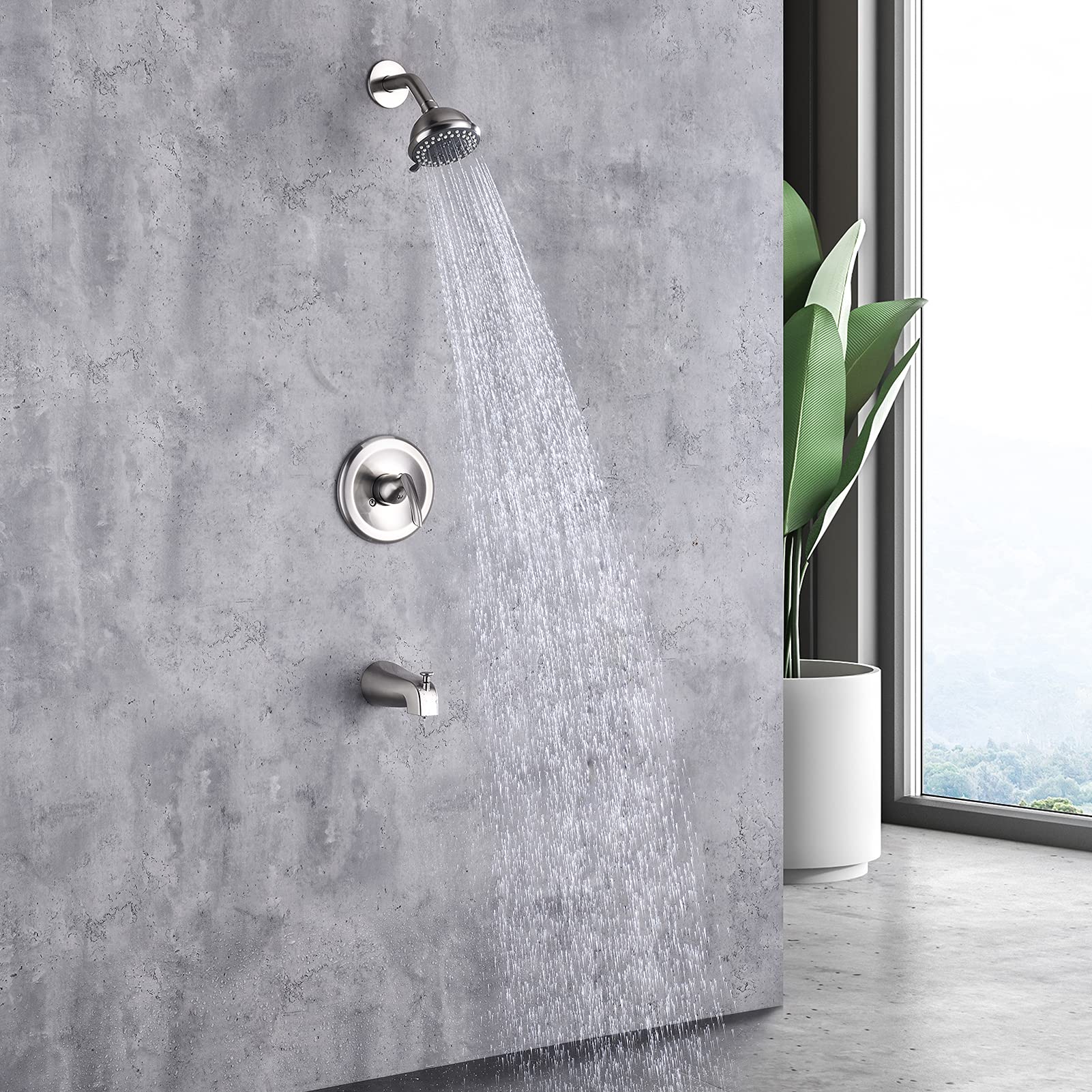 NEWATER Dual Function Shower Faucet Set with Tub Spout - Pressure Balancing Shower Trim Kit (Includes Rough-in Valve) - Brushed Nickel Wall Mounted Single Handle Bathroom Fixture for Modern Home & Spa Experience