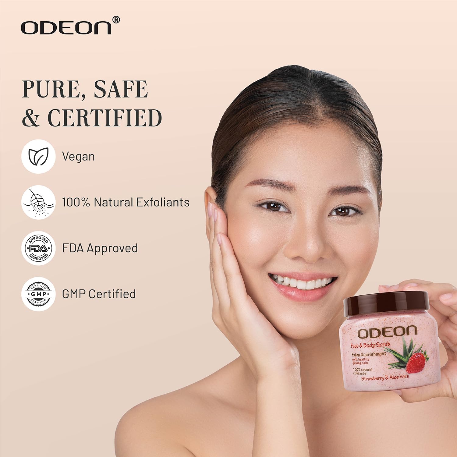 ODEON Strawberry & Aloe Vera Body Scrub 300ml - Natural Exfoliating Scrub for Tan Removal & Smooth Skin - Gentle Face & Body Scrub with Real Strawberries & Soothing Aloe Vera - Perfect for Post-Sun Care & Daily Skincare Routine