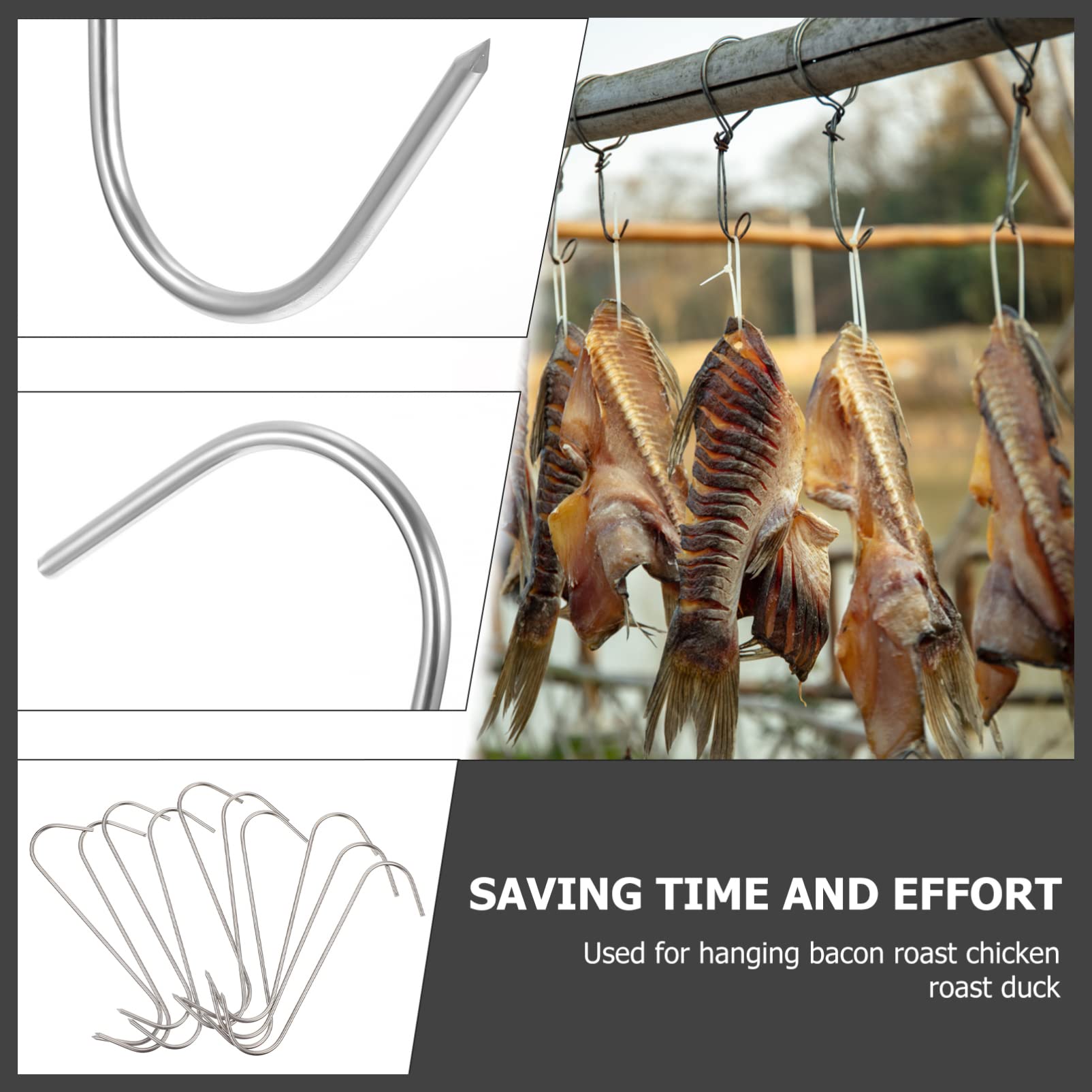 10 Pack Stainless Steel Meat Hooks for Kitchen - Heavy Duty Sausage, Fish, Poultry & Roast Hanging Hooks - BBQ, Smoking, Chinese Bacon & Pork Hanging - Perfect for Home Kitchen, Butcher Shop & Outdoor Cooking