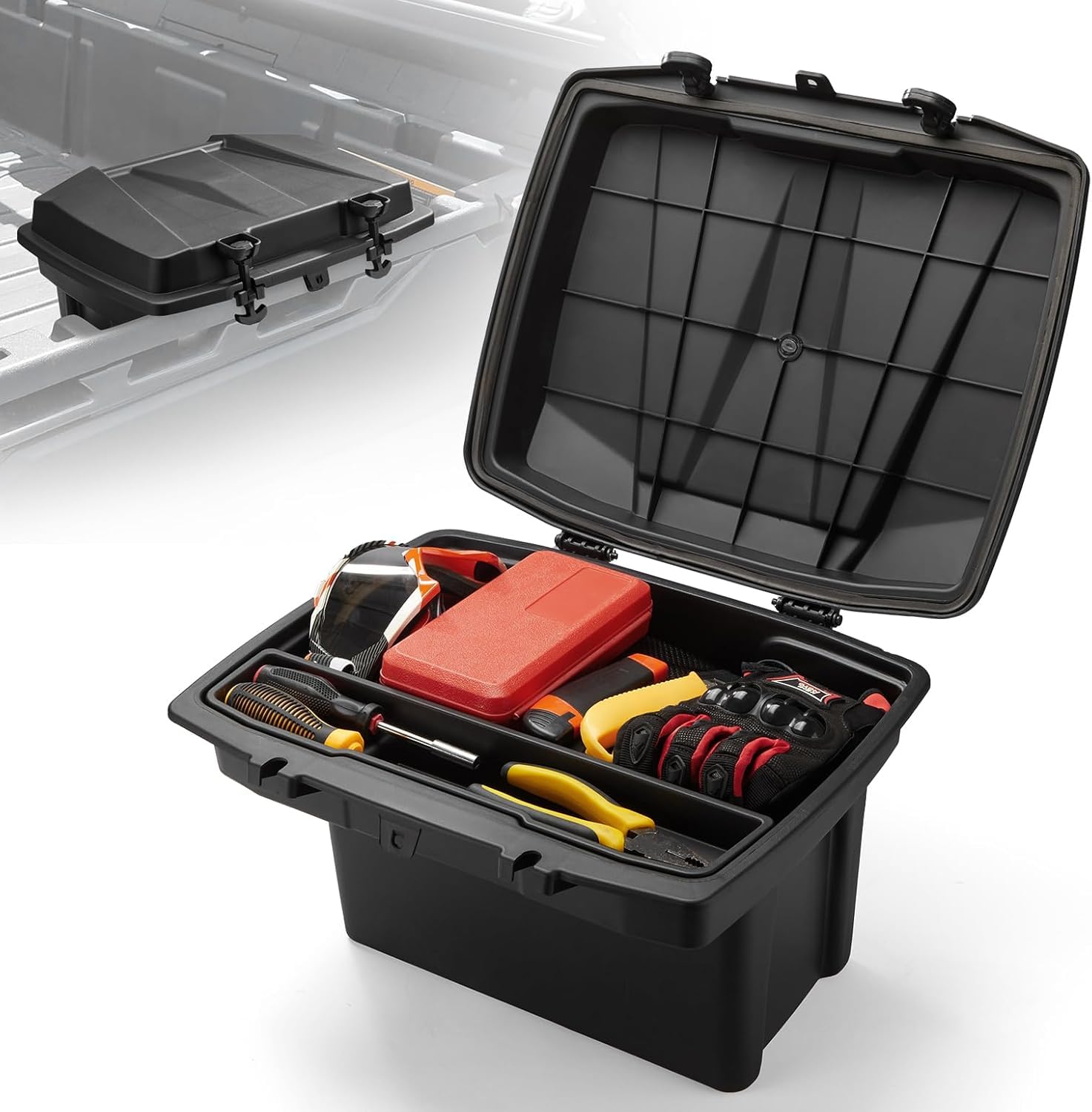 KEMIMOTO UTV Bed Storage Box - 7.4 Gallon Waterproof Lockable Cargo Organizer for Can-Am Defender & Defender MAX (2016-2025) | Heavy-Duty Trunk Bin with Easy Installation | Perfect for Off-Road Adventures, Hunting Gear Storage & Camping Equipment Organization