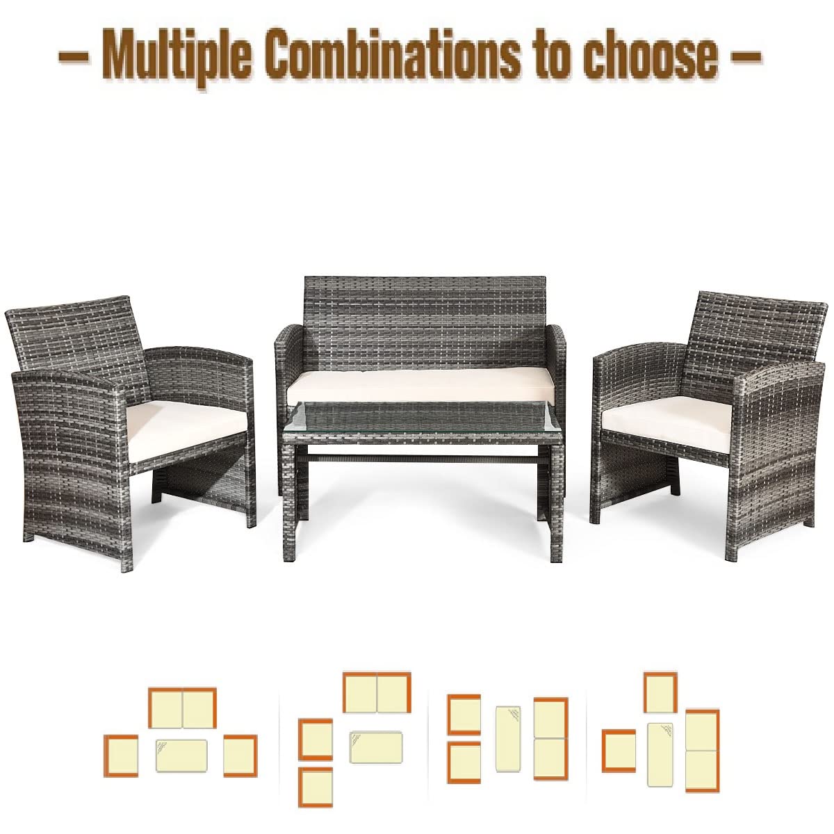 4-Piece Wicker Patio Furniture Set with Rattan Sofa Chairs, Removable Cushions & Tempered Glass Coffee Table - Outdoor Conversation Set for Garden, Lawn, Poolside or Backyard Relaxation