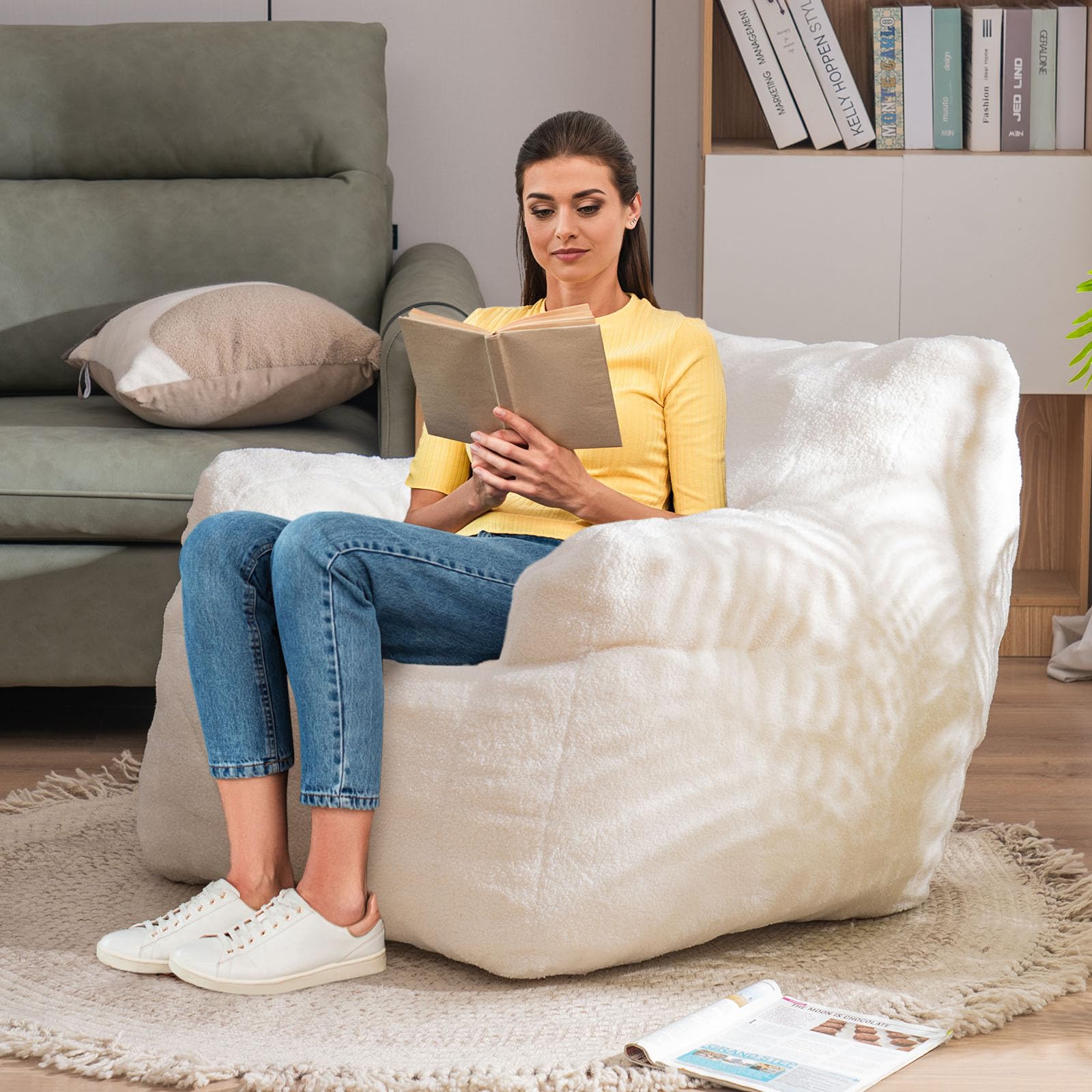Soft Tufted Bean Bag Chair for Adults & Kids - Medium Teddy Fabric Bean Bag with Arms in Ivory White - Perfect for Living Room, Bedroom, Dorm & Game Room Relaxation