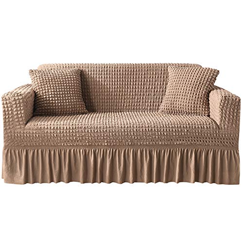 Stretchable Durable Sofa Slipcover with Skirt - Jacquard Lattice Pattern - Washable Furniture Protector - Fits Oversized Couches (Khaki) - Perfect for Living Room, Family Room & Home Decor