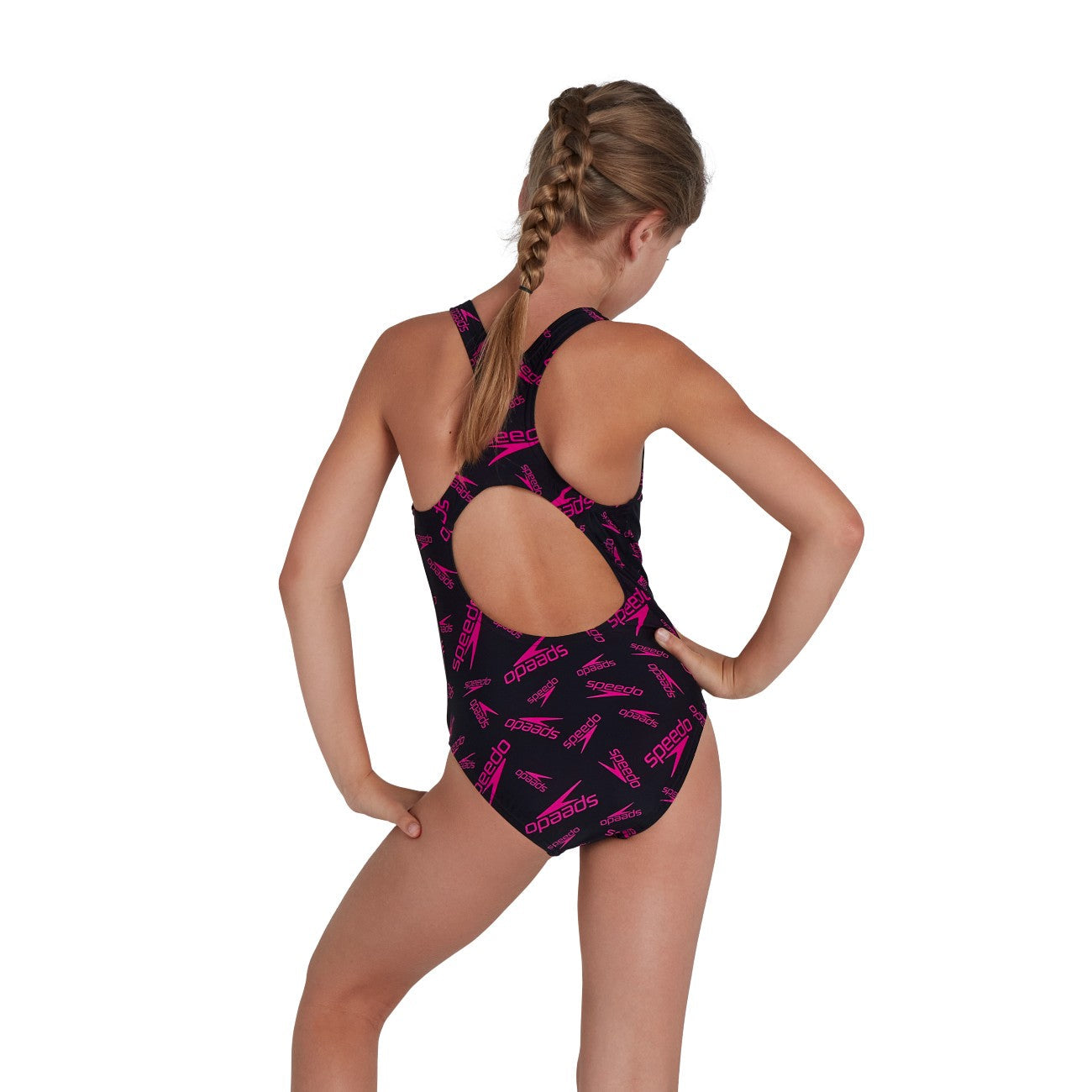 Speedo Girl's Boom Logo Medalist Swimsuit - Black & Pink - Perfect for Swim Training, Competitions & Summer Pool Fun