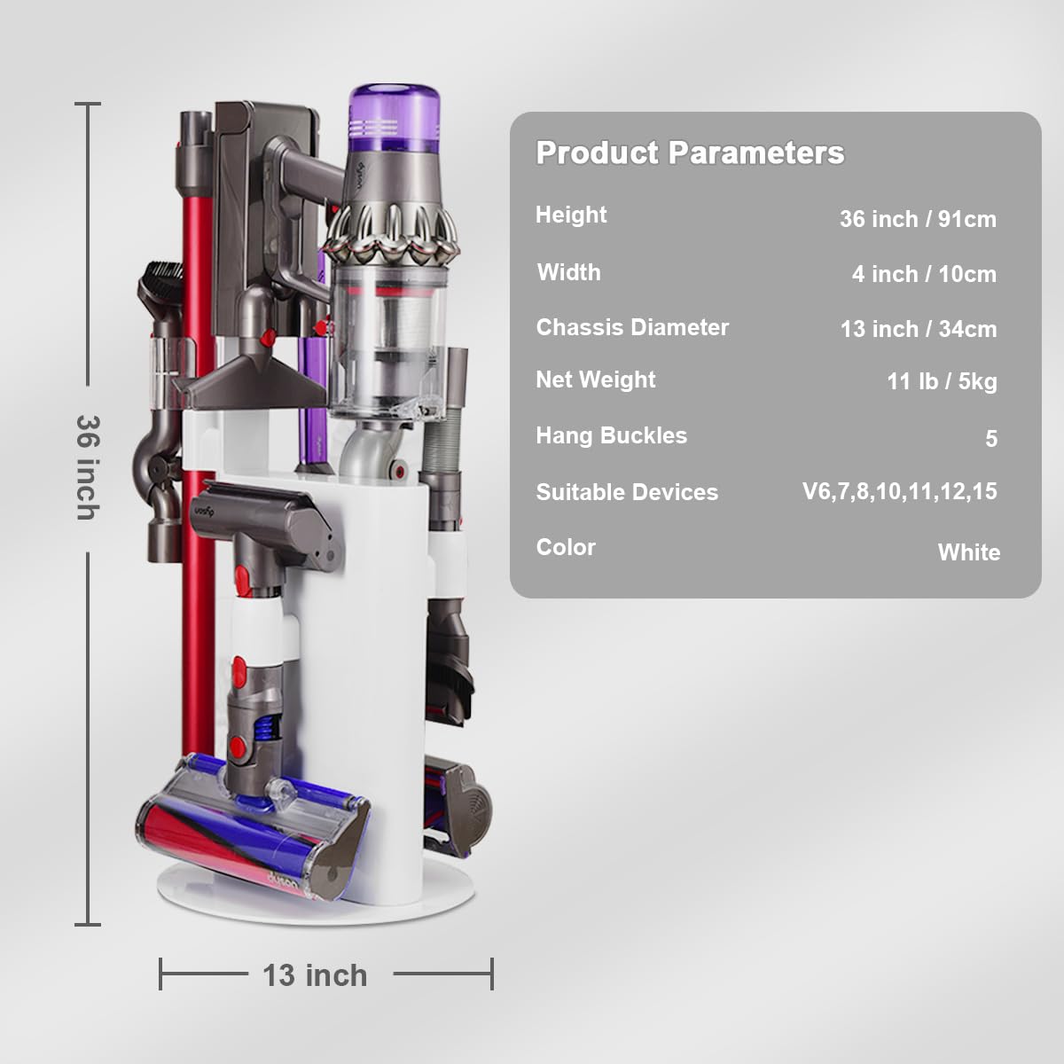 Dyson V6 V7 V8 V10 V11 V15 Vacuum Stand Holder - Sturdy Metal Storage Rack & No-Drill Organizer Bracket for Cordless Vacuum Cleaner and Accessories (White) - Perfect for Home, Garage, and Closet Organization