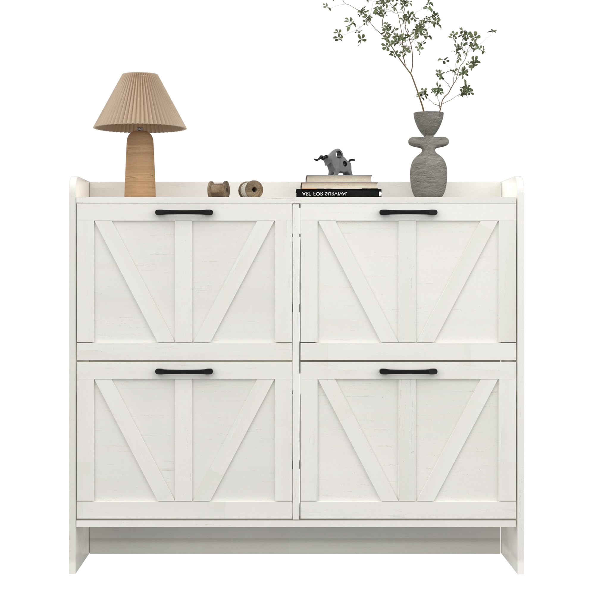 4-Drawer Flip Shoe Storage Cabinet - Freestanding Entryway Shoe Organizer with Open Shelves & Legs, Narrow Shoe Rack in Oak White - Perfect for Small Spaces, Hallways & Closet Organization