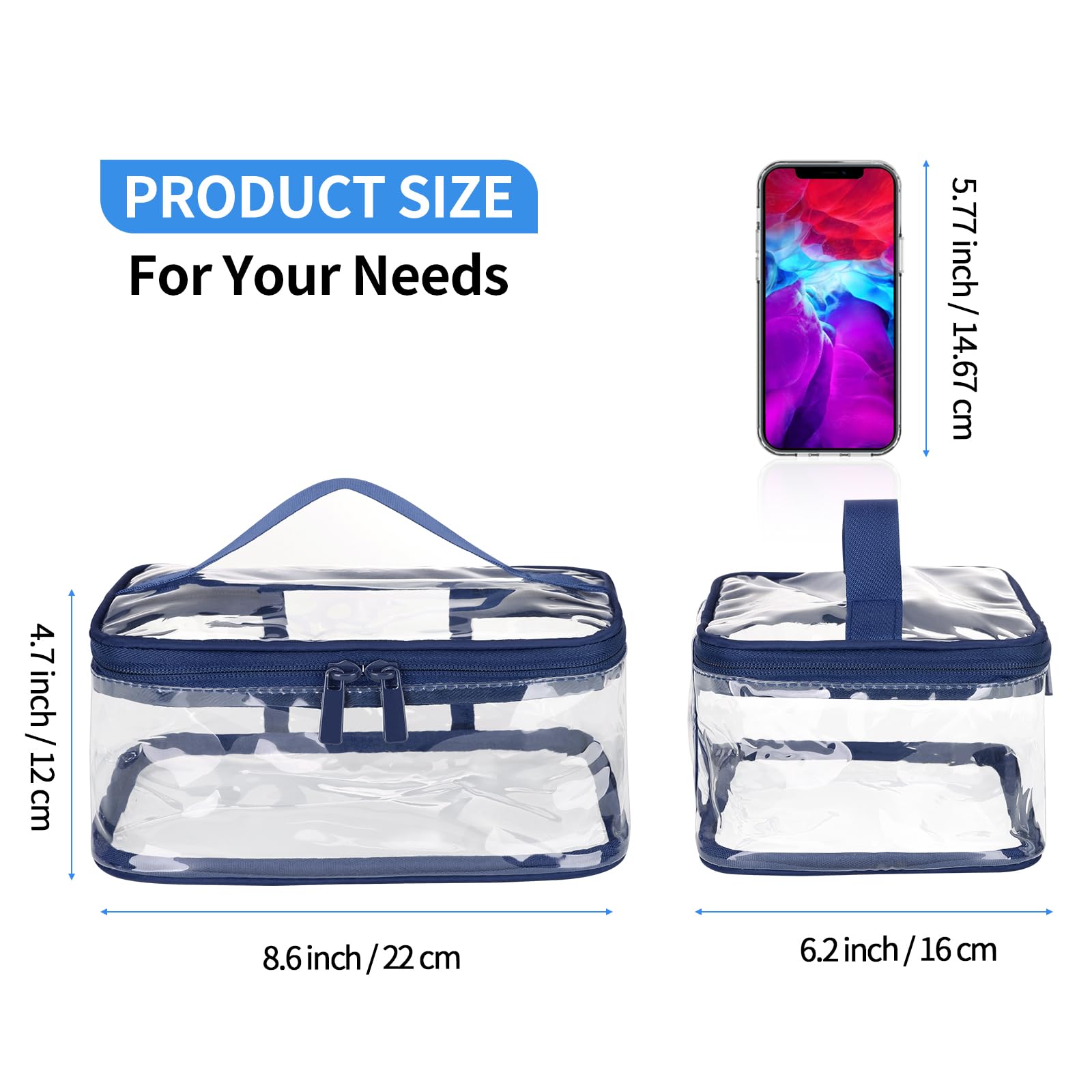2 Pack Clear Makeup Bags for Travel - TSA Approved Waterproof Transparent Toiletry Organizer for Cosmetics | Perfect for Airplane Carry-On, Gym Essentials & Vacation Packing (Blue)