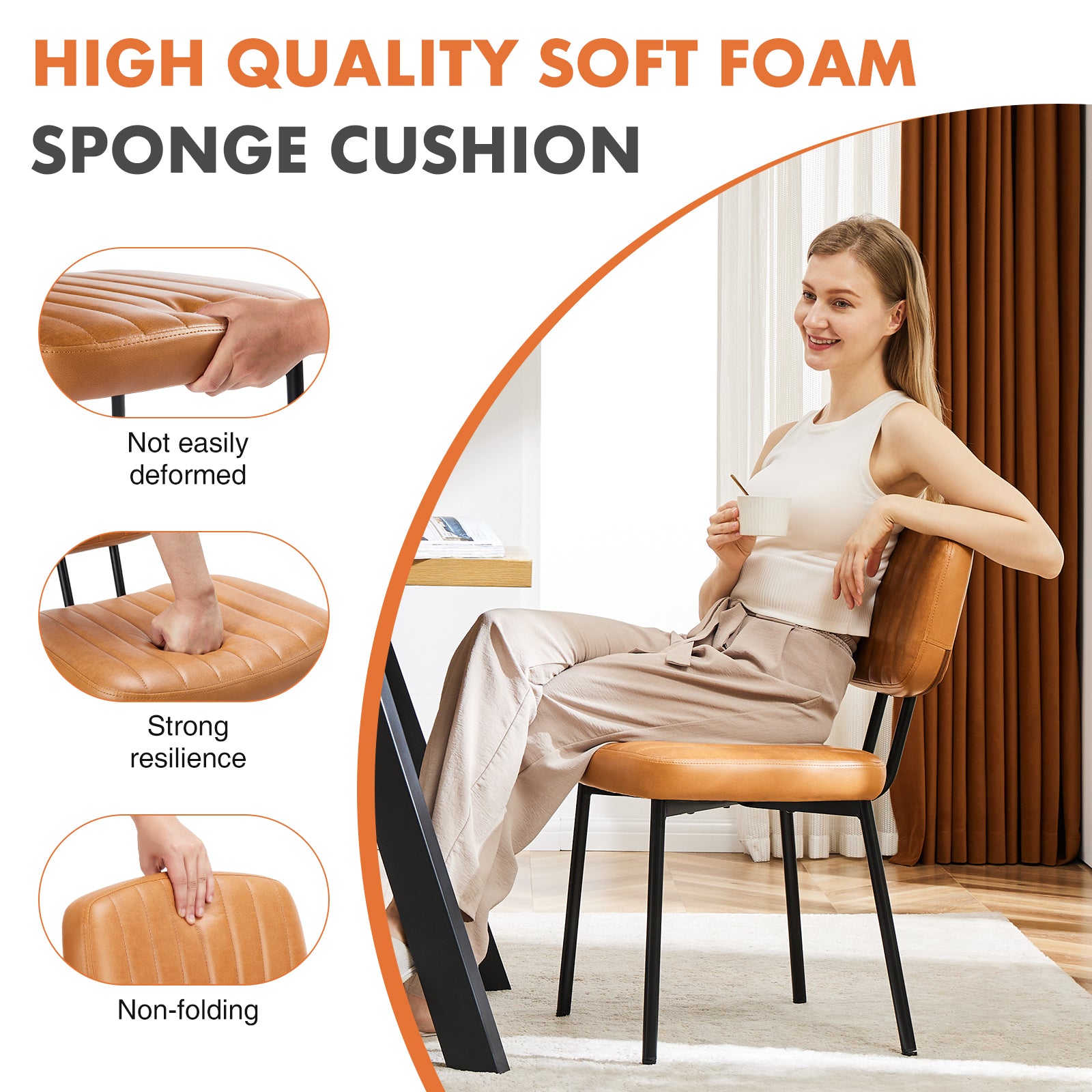 Mid Century Modern Upholstered Dining Chairs - Set of 2 Brown Faux Leather Cushion Seats with Metal Legs for Kitchen, Living Room & Dining Room | Stylish Comfort for Entertaining & Daily Meals