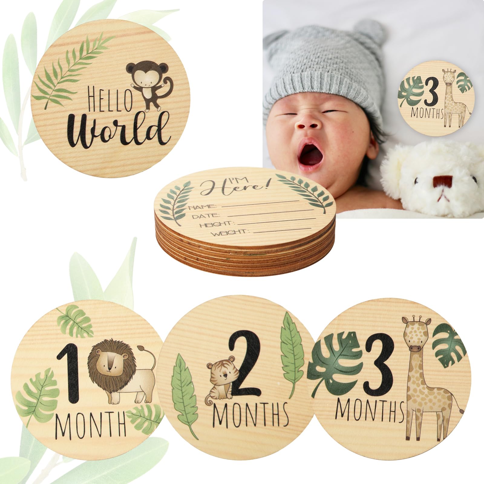7pcs Wooden Baby Monthly Milestone Cards - Double Sided Printed Newborn Welcome Sign for Baby Announcement & Photo Props | Perfect for Baby Showers, First Birthday Parties, and Monthly Growth Photos
