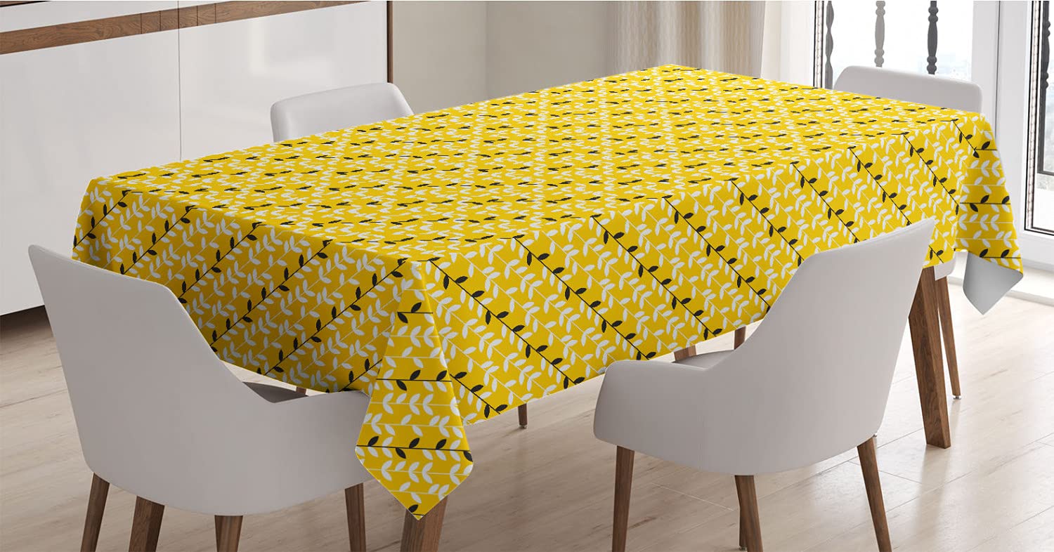 Ambesonne Leaves Tablecloth - Yellow Grey Satin Dining Cover for Kitchen & Parties