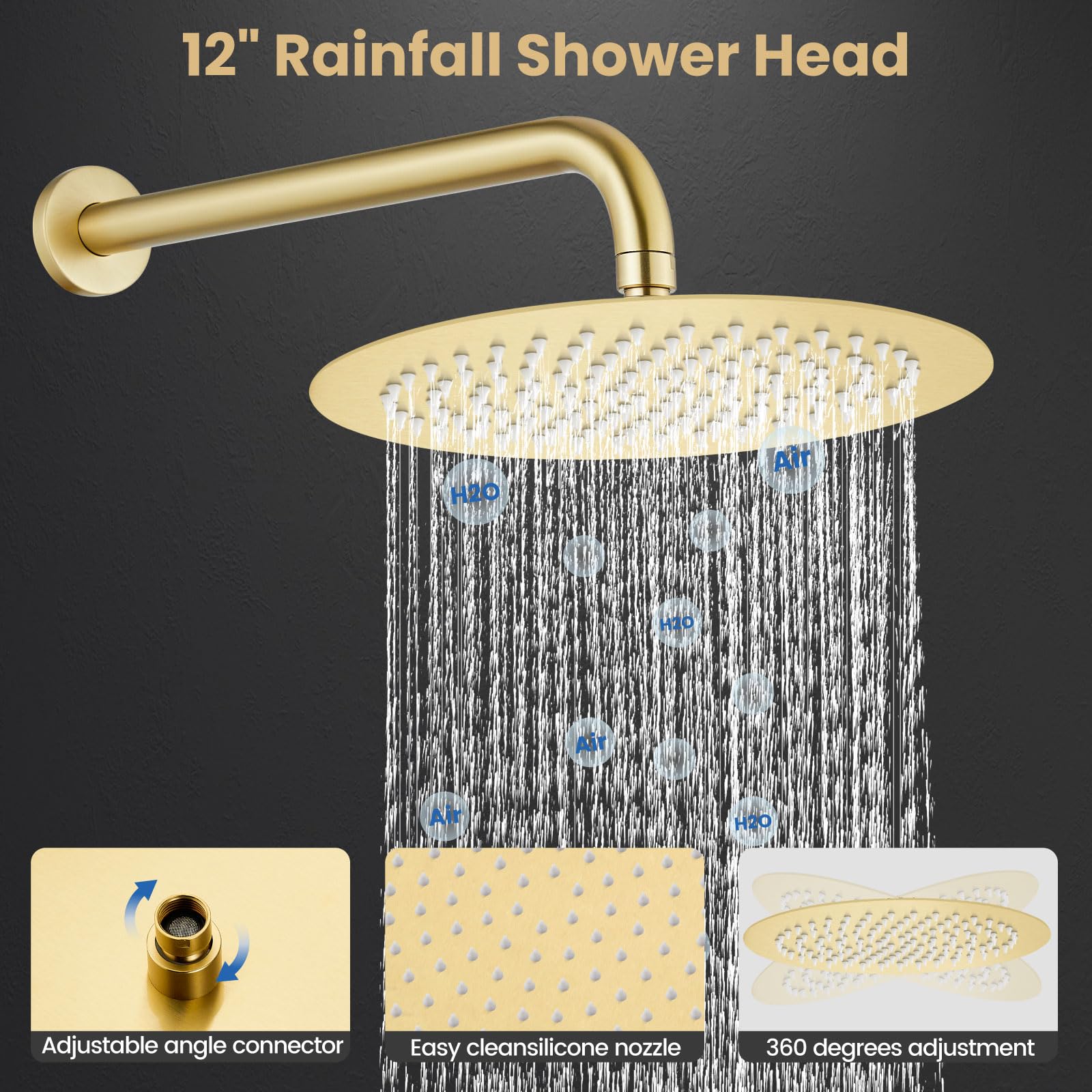 Airuida 2-Function Wall Mounted Shower Faucet Set - High Pressure Brass Handheld Shower with Rough-in Valve & 12 Inch Round Rainfall Shower Head in Brushed Gold | Perfect for Modern Bathroom Renovations & Spa-Like Shower Experience