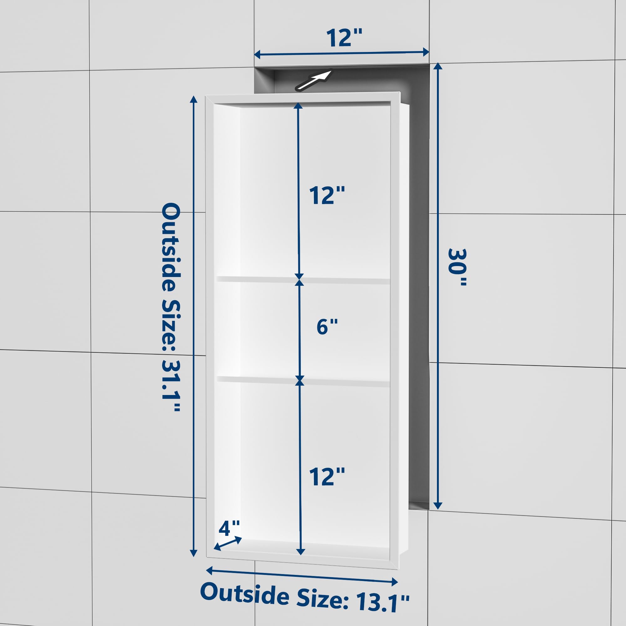Neodrain 12X30 White Shower Niche - Stainless Steel Recessed Bathroom Storage Shelf - No Tile Needed - Perfect for Shampoo, Soap & Bath Essentials Organization