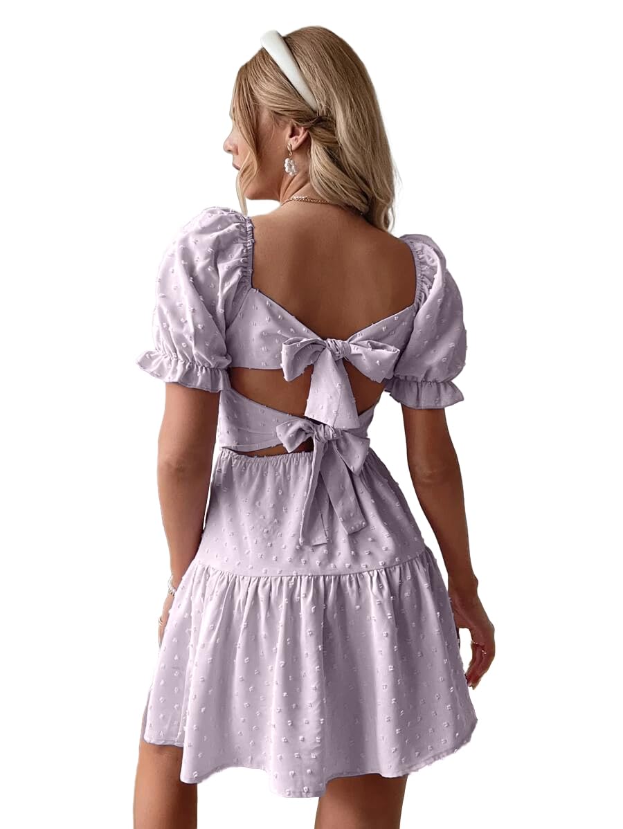 2024 Summer Dresses for Women - Backless Tie Mini Dress with Swiss Dot & Ruffle Hem | Flowy Casual Sundress for Beach, Party & Vacation