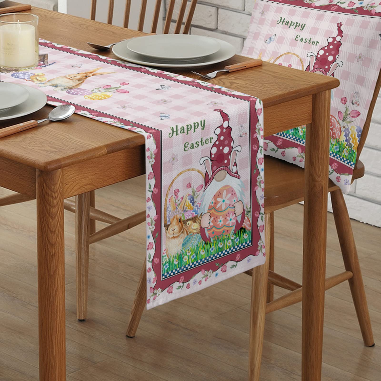Savannan Easter Table Runner - 13x90 Inch Happy Easter Gnome Bunny Floral Plaid Pink Spring Holiday Decor for Dining Table, Buffet, and Party Decorations