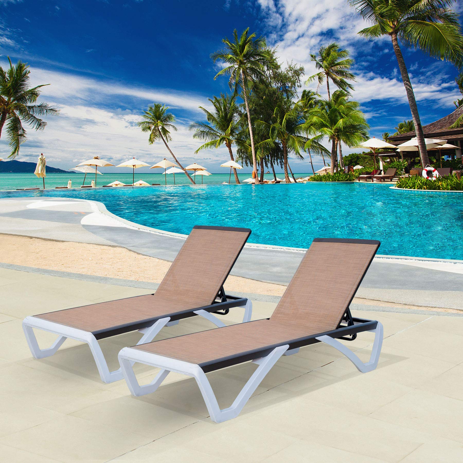 Domi Adjustable Aluminum Pool Lounge Chair - All-Weather Textilene Outdoor Chaise Lounge for Deck, Lawn & Backyard (Brown) | Perfect for Poolside Relaxation, Sunbathing & Patio Lounging