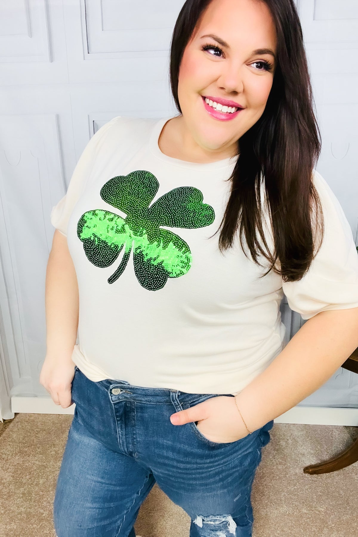 Haptics Saint Patrick's Day Sequin Clover French Terry Puff Sleeve Top for Women | Festive Party & Holiday Outfit