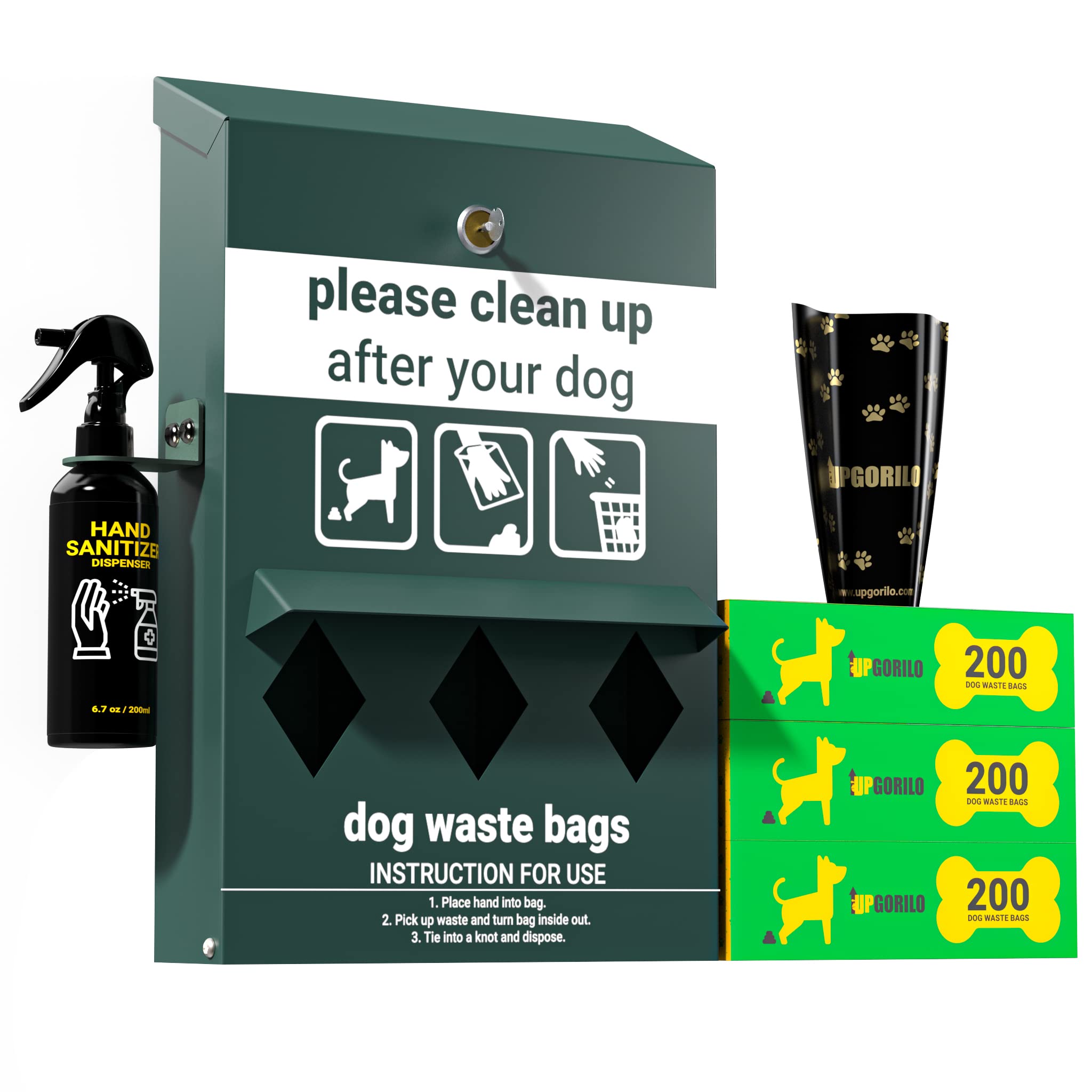 Glow in the Dark Dog Waste Station with 600 Poop Bags & Hand Sanitizer - Outdoor Triple Storage Pet Waste Dispenser with Lock & Rain Guard - Perfect for Parks, Yards & Dog Walking Areas
