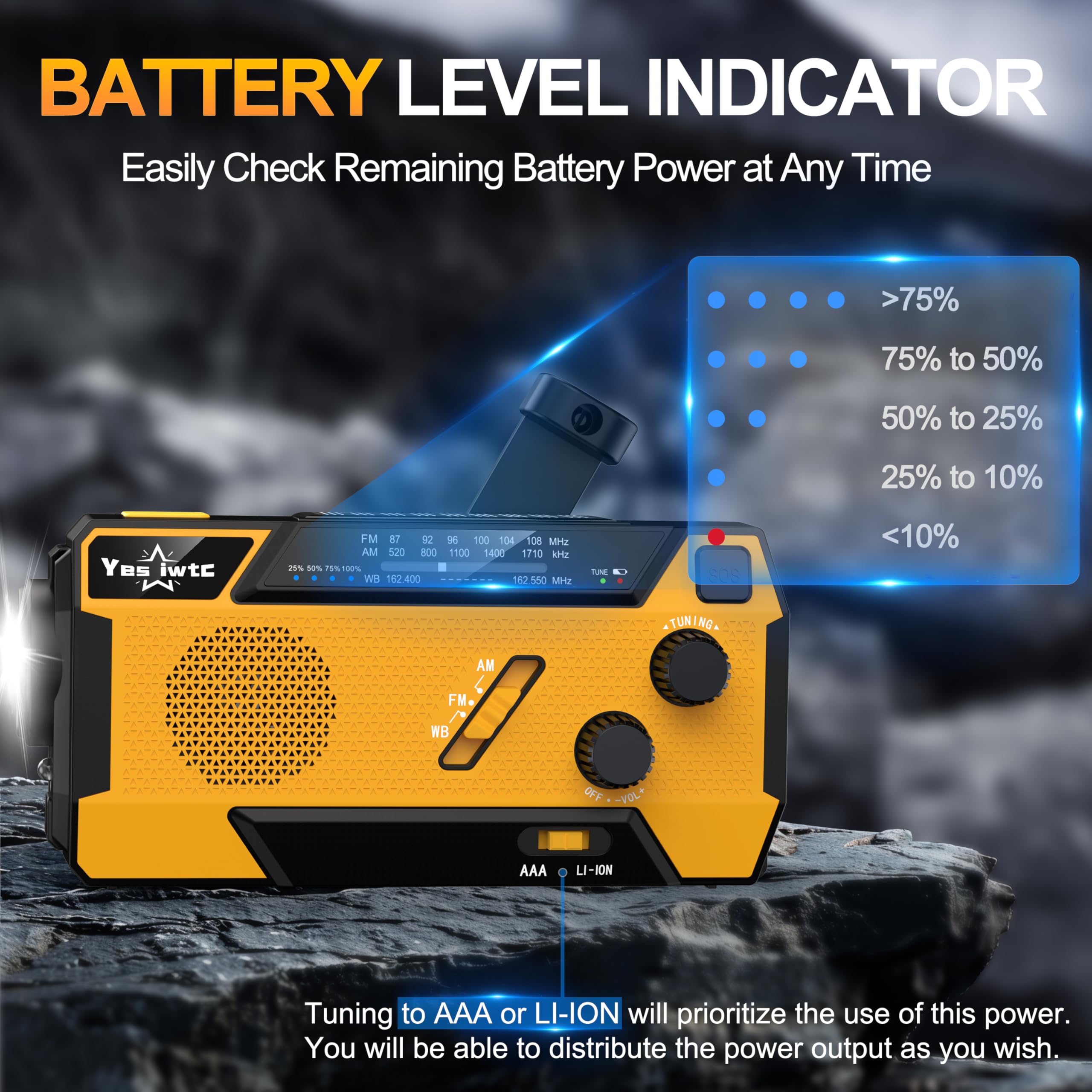 NOAA Weather Radio with Hand Crank & Solar Power - 7400mAh Emergency Portable Radio, AM/FM, 3-in-1 Charging Cable - Perfect for Winter Storms, Hurricanes & Outdoor Survival Gear
